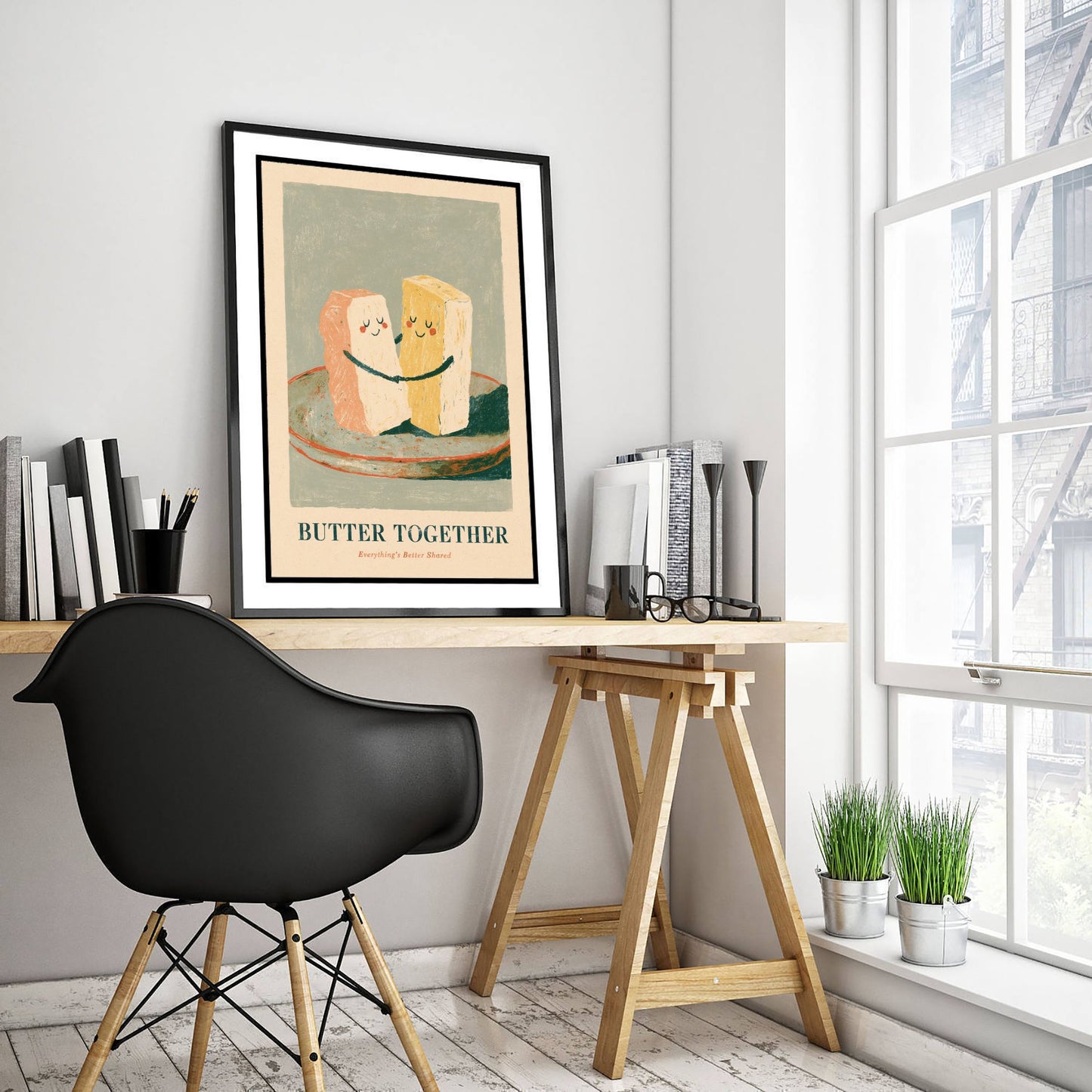 Butter Together Art Print - Hugging Butter Pats Poster - Painterly Love Pun Kitchen Painting