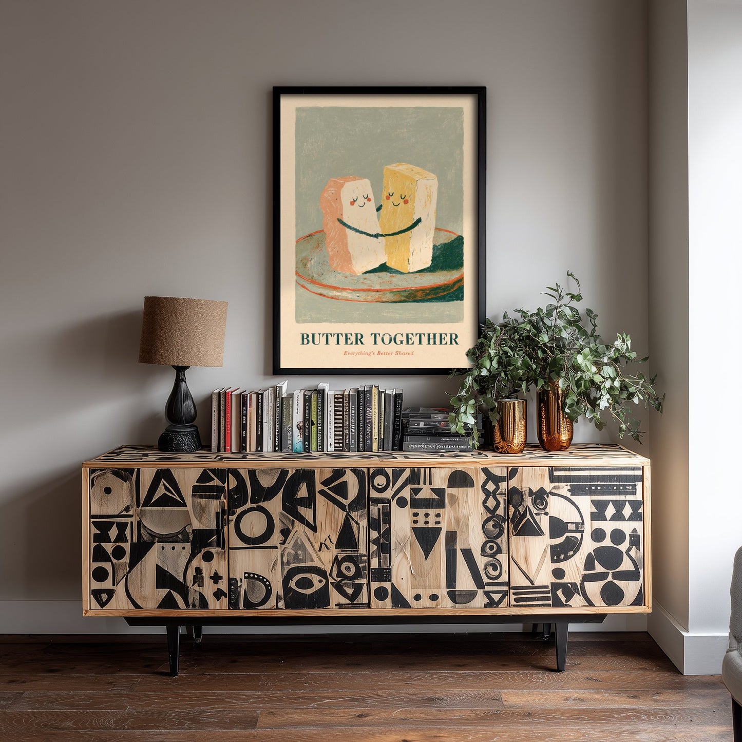 Butter Together Art Print - Hugging Butter Pats Poster - Painterly Love Pun Kitchen Painting