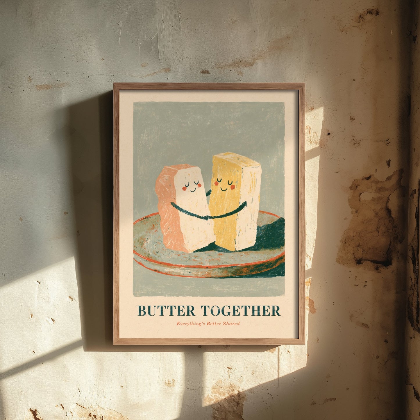 Butter Together Art Print - Hugging Butter Pats Poster - Painterly Love Pun Kitchen Painting