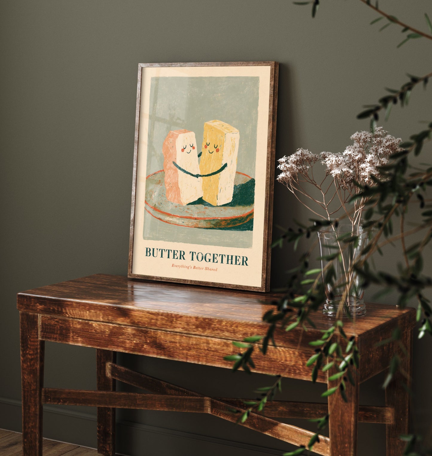 Butter Together Art Print - Hugging Butter Pats Poster - Painterly Love Pun Kitchen Painting