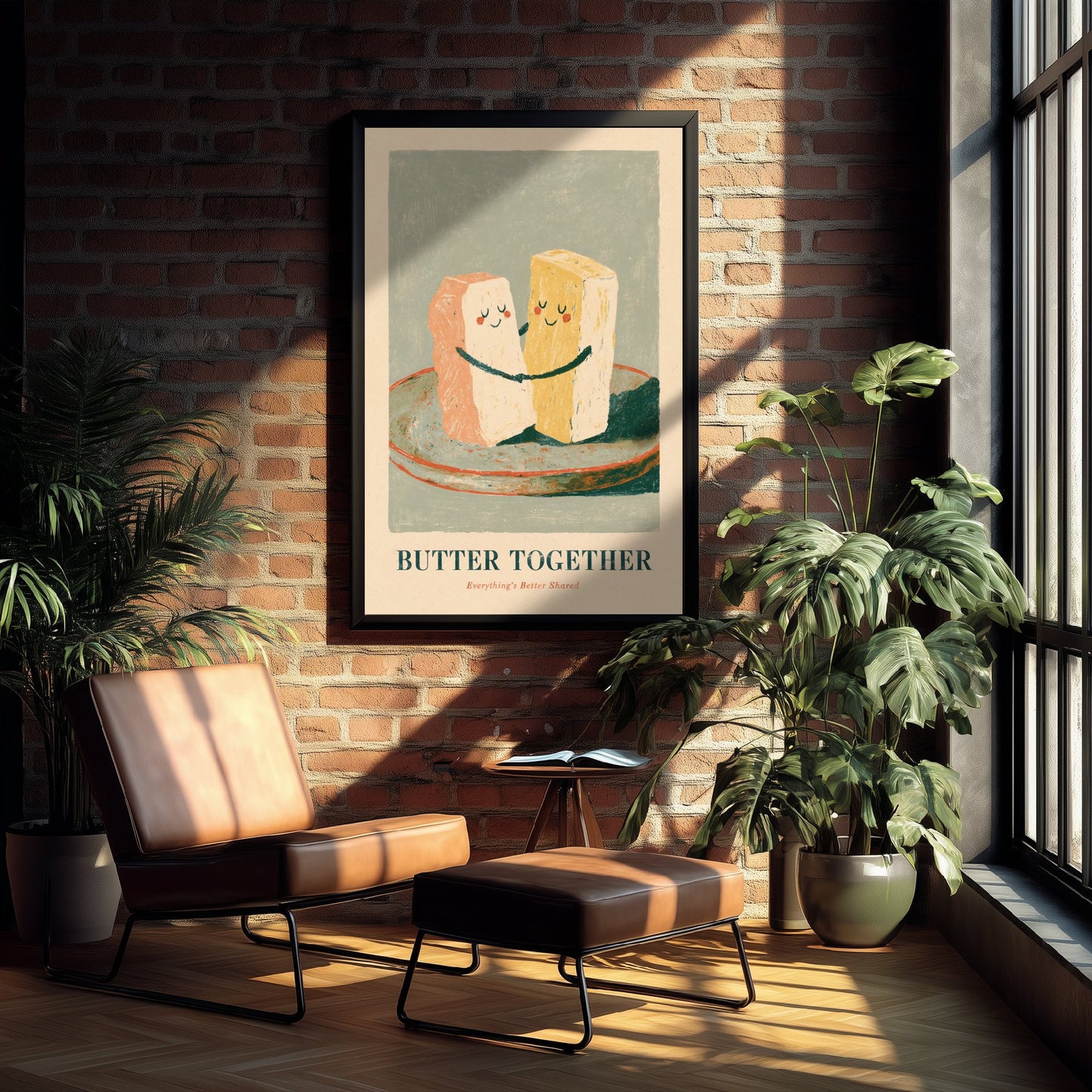 Butter Together Art Print - Hugging Butter Pats Poster - Painterly Love Pun Kitchen Painting