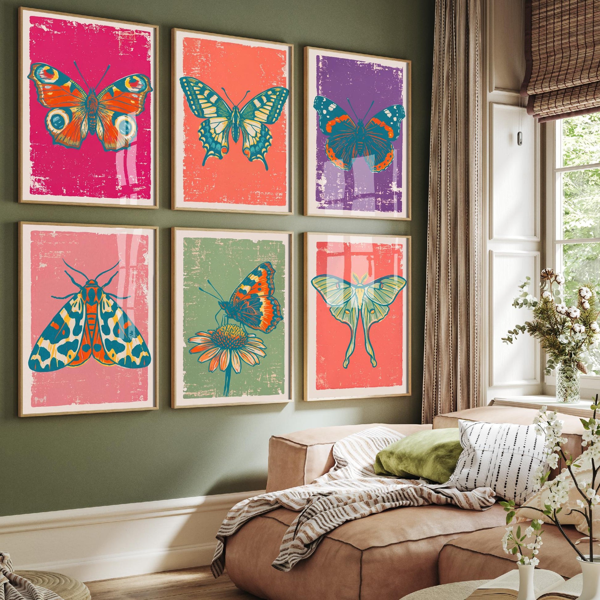 Set of Six Butterflies and Moths Linocut Art Prints - 6 Illustrations - Peacock, Swallowtail, Red Admiral, Tiger Moth, Luna Moth Posters