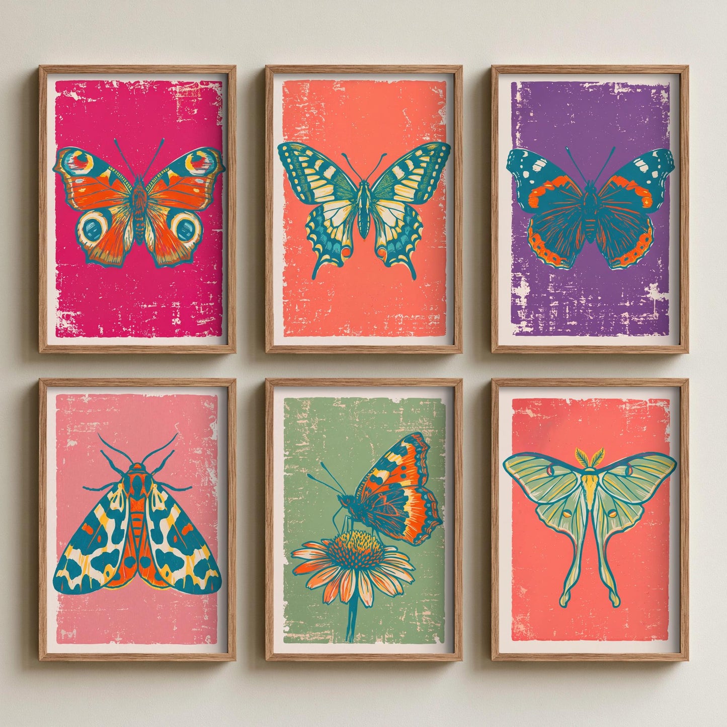 Set of Six Butterflies and Moths Linocut Art Prints - 6 Illustrations - Peacock, Swallowtail, Red Admiral, Tiger Moth, Luna Moth Posters