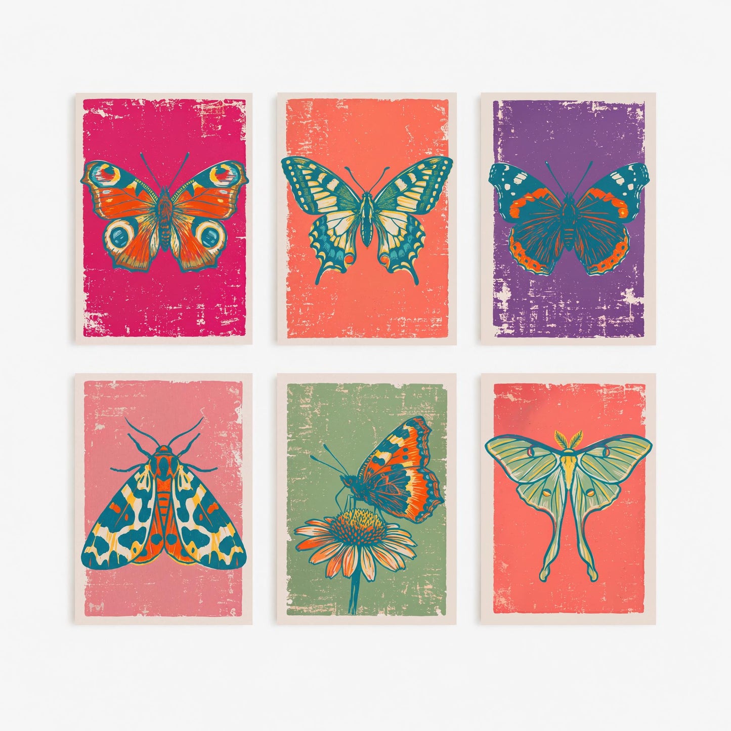 Set of Six Butterflies and Moths Linocut Art Prints - 6 Illustrations - Peacock, Swallowtail, Red Admiral, Tiger Moth, Luna Moth Posters