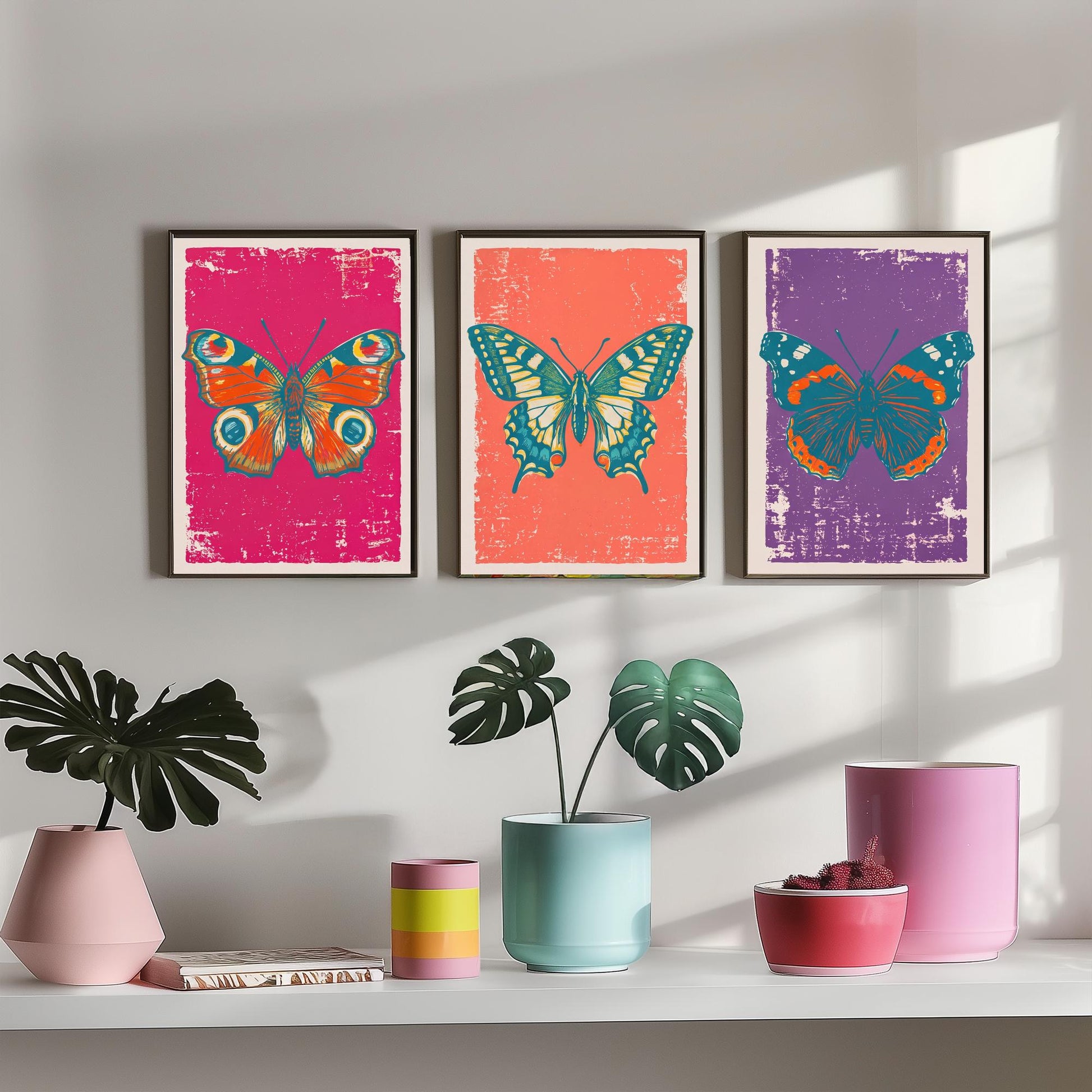 Peacock Butterfly, Swallowtail & Red Admiral Set of Three Art Prints - Linocut Illustrations - Butterfly Triptych Posters V1