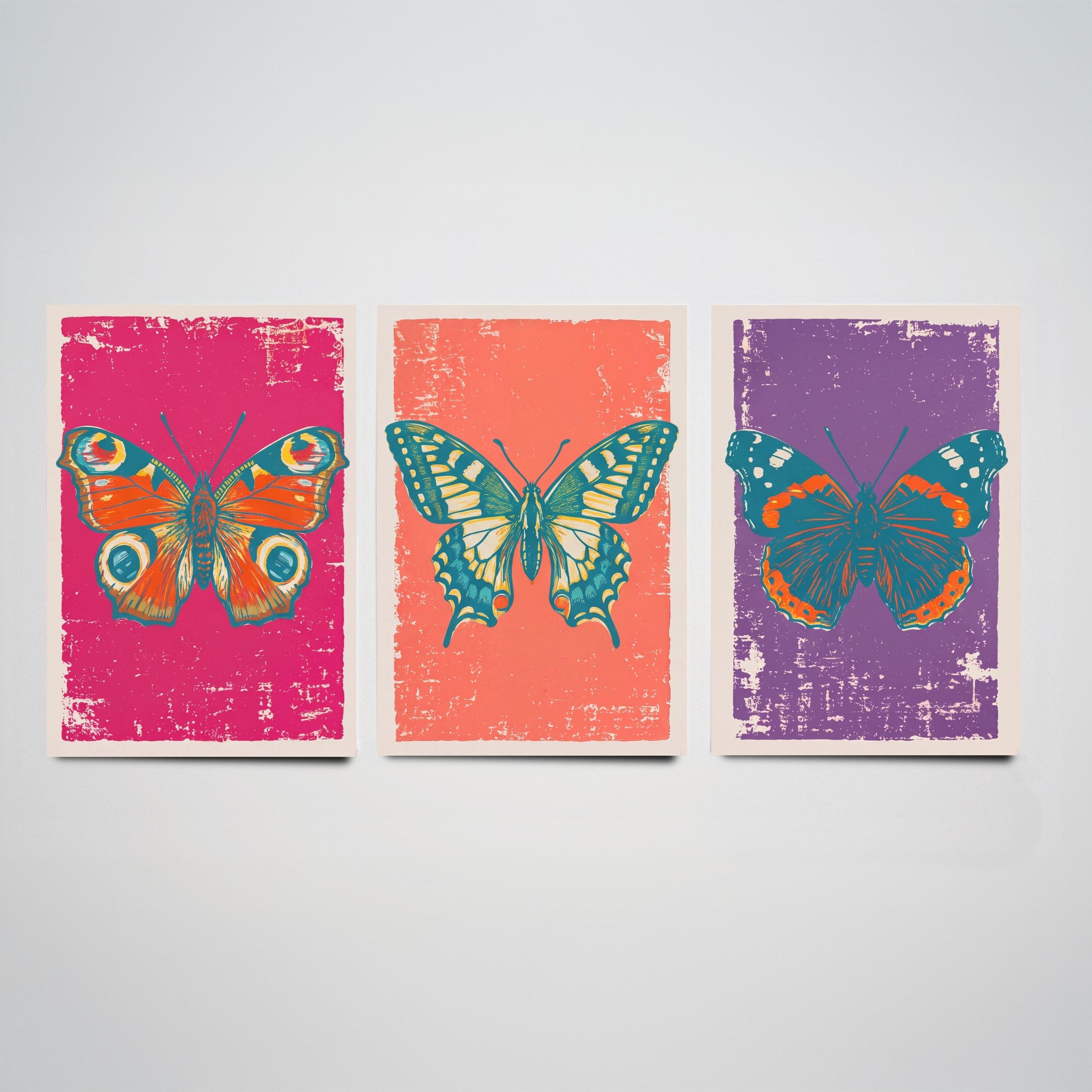 Peacock Butterfly, Swallowtail & Red Admiral Set of Three Art Prints - Linocut Illustrations - Butterfly Triptych Posters V1