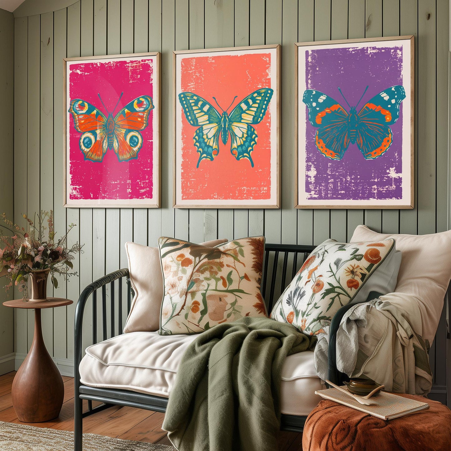 Peacock Butterfly, Swallowtail & Red Admiral Set of Three Art Prints - Linocut Illustrations - Butterfly Triptych Posters V1