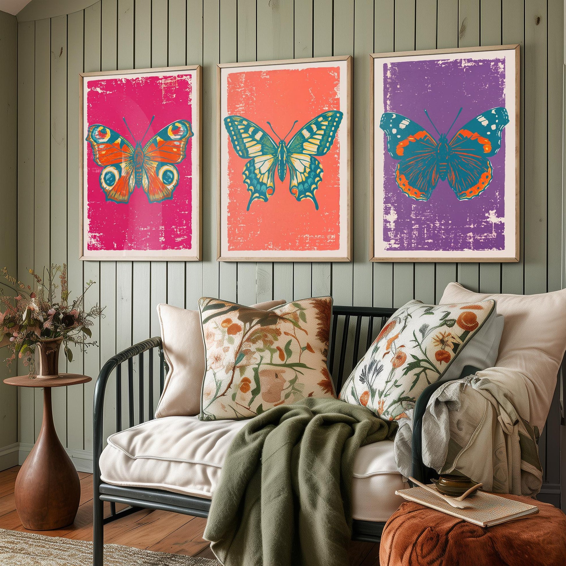 Peacock Butterfly, Swallowtail & Red Admiral Set of Three Art Prints - Linocut Illustrations - Butterfly Triptych Posters V1