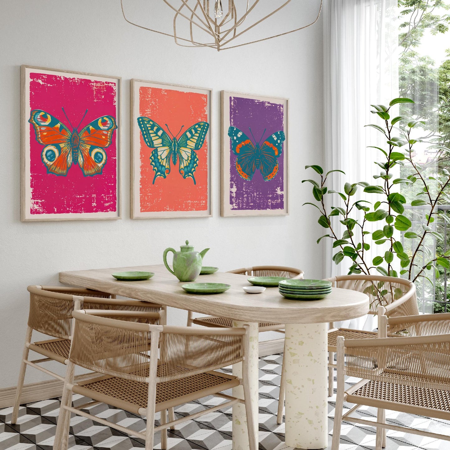 Peacock Butterfly, Swallowtail & Red Admiral Set of Three Art Prints - Linocut Illustrations - Butterfly Triptych Posters V1