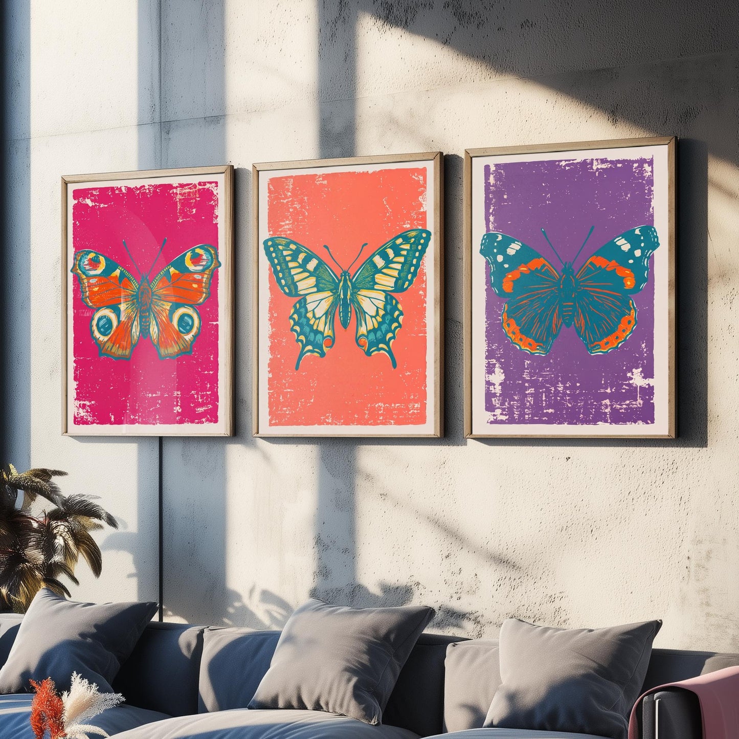 Peacock Butterfly, Swallowtail & Red Admiral Set of Three Art Prints - Linocut Illustrations - Butterfly Triptych Posters V1