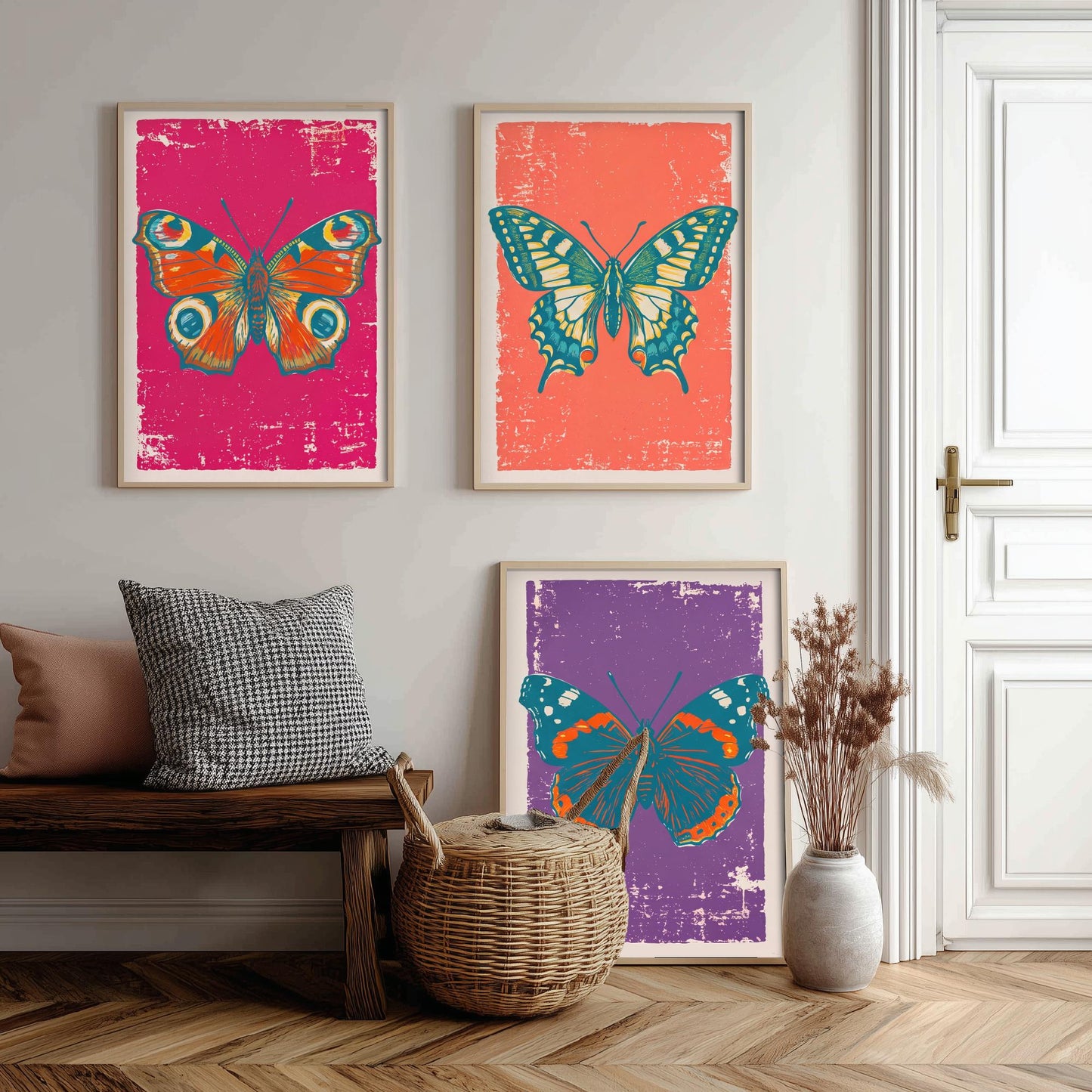 Peacock Butterfly, Swallowtail & Red Admiral Set of Three Art Prints - Linocut Illustrations - Butterfly Triptych Posters V1