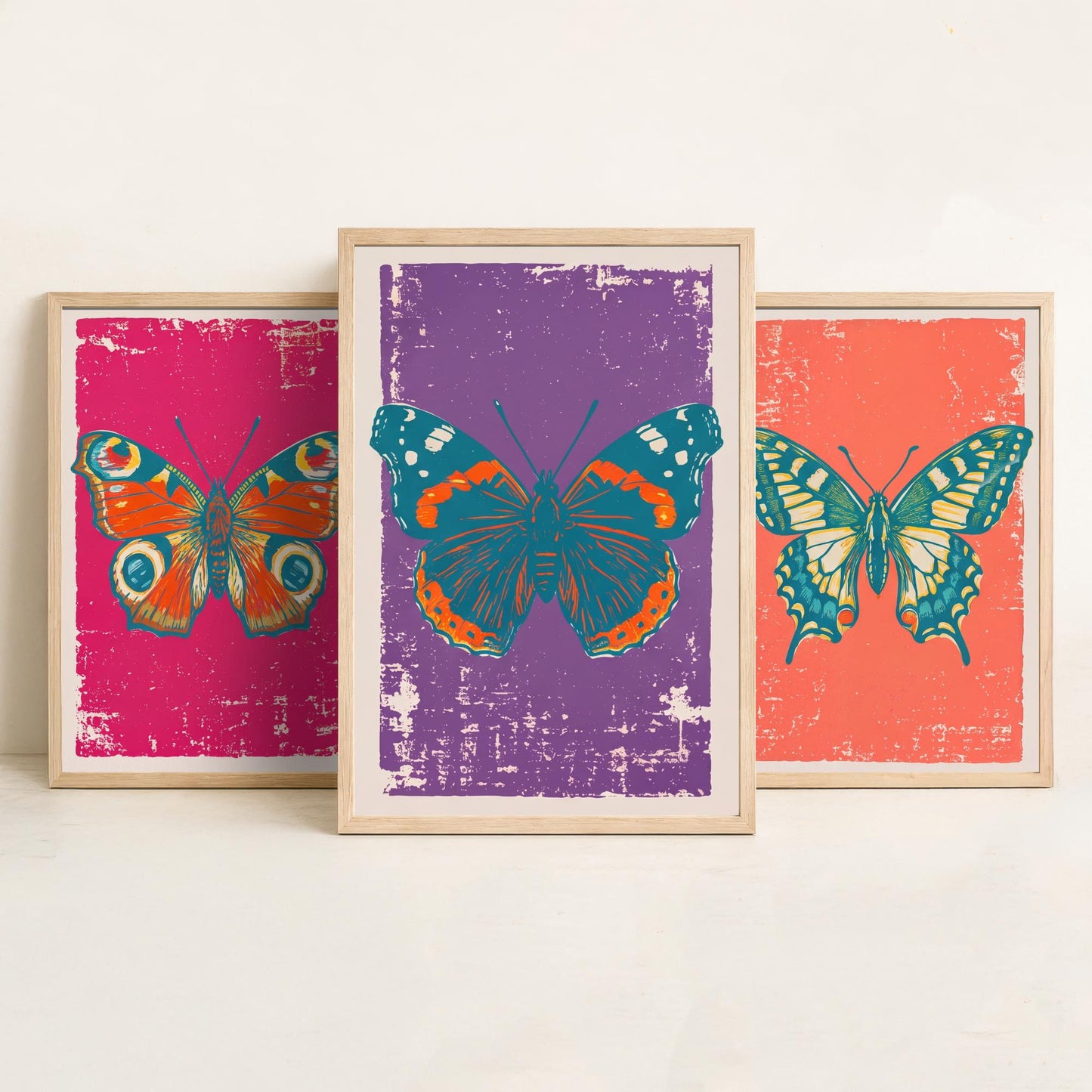 Peacock Butterfly, Swallowtail & Red Admiral Set of Three Art Prints - Linocut Illustrations - Butterfly Triptych Posters V1