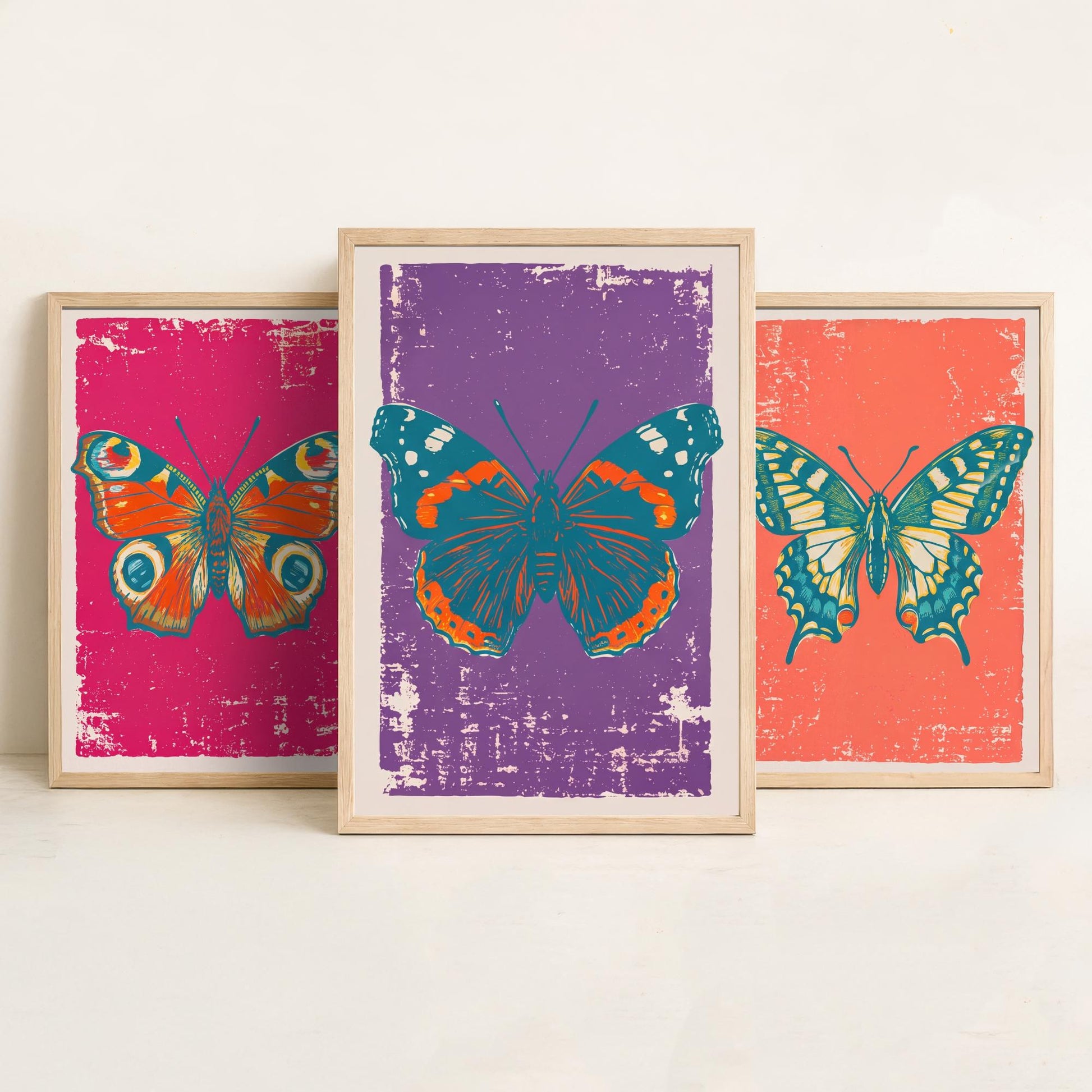 Peacock Butterfly, Swallowtail & Red Admiral Set of Three Art Prints - Linocut Illustrations - Butterfly Triptych Posters V1