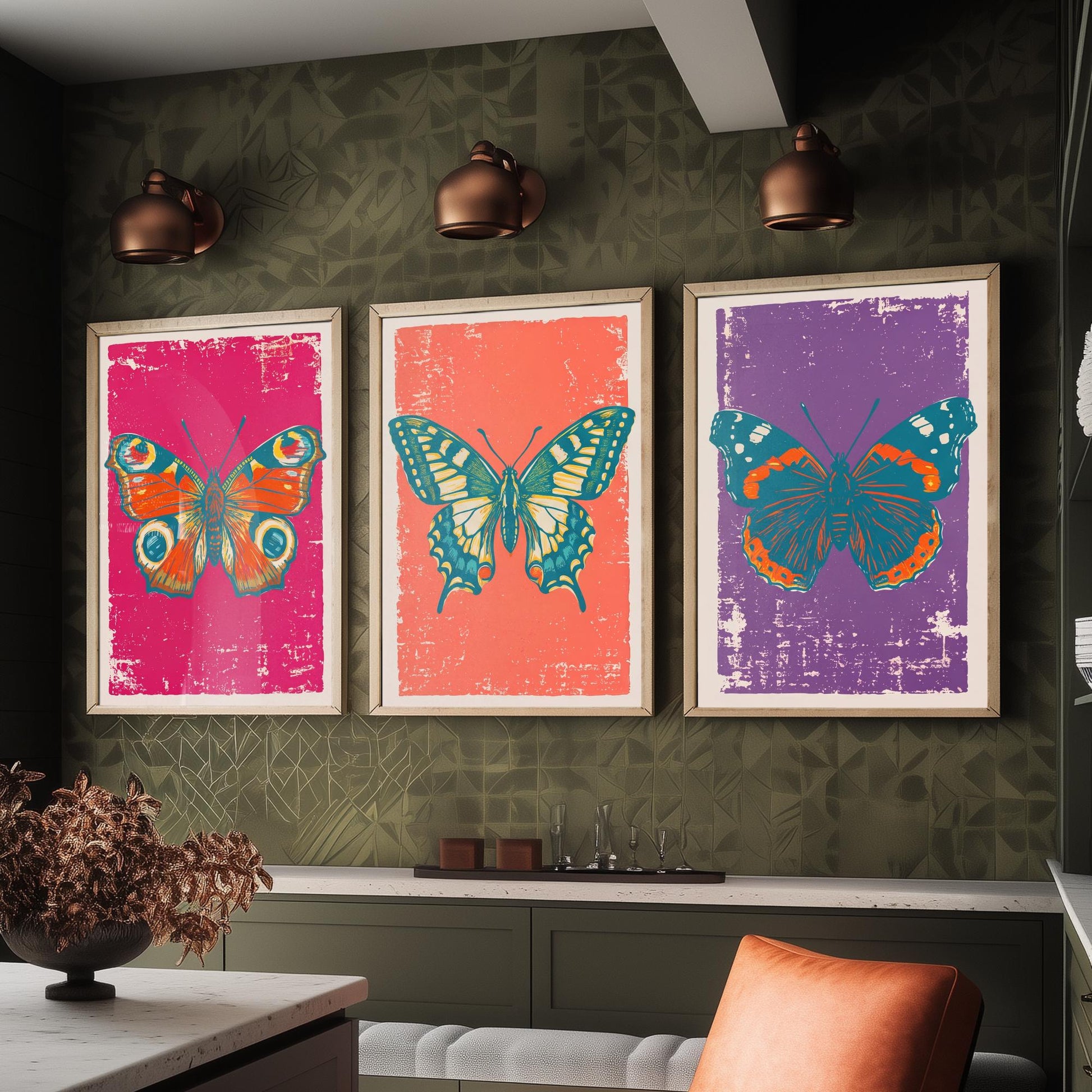 Peacock Butterfly, Swallowtail & Red Admiral Set of Three Art Prints - Linocut Illustrations - Butterfly Triptych Posters V1