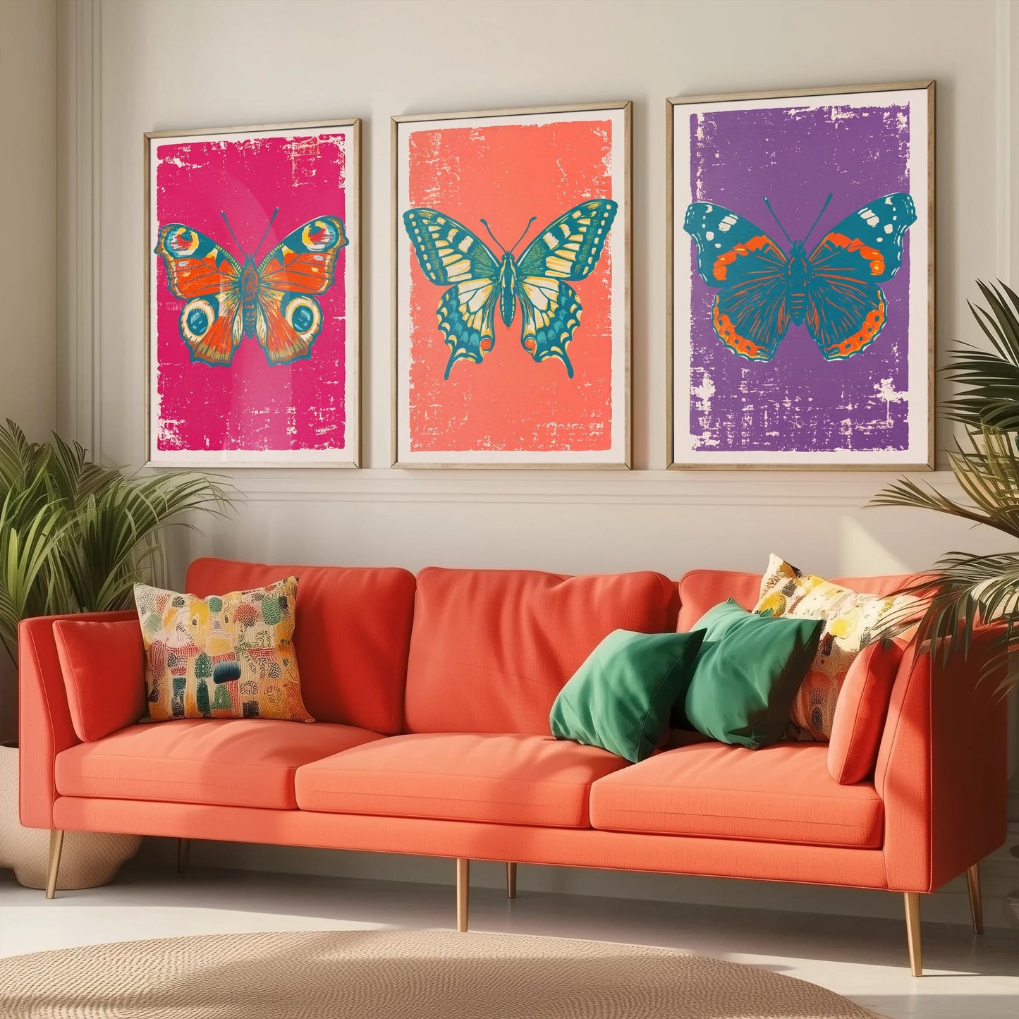 Peacock Butterfly, Swallowtail & Red Admiral Set of Three Art Prints - Linocut Illustrations - Butterfly Triptych Posters V1