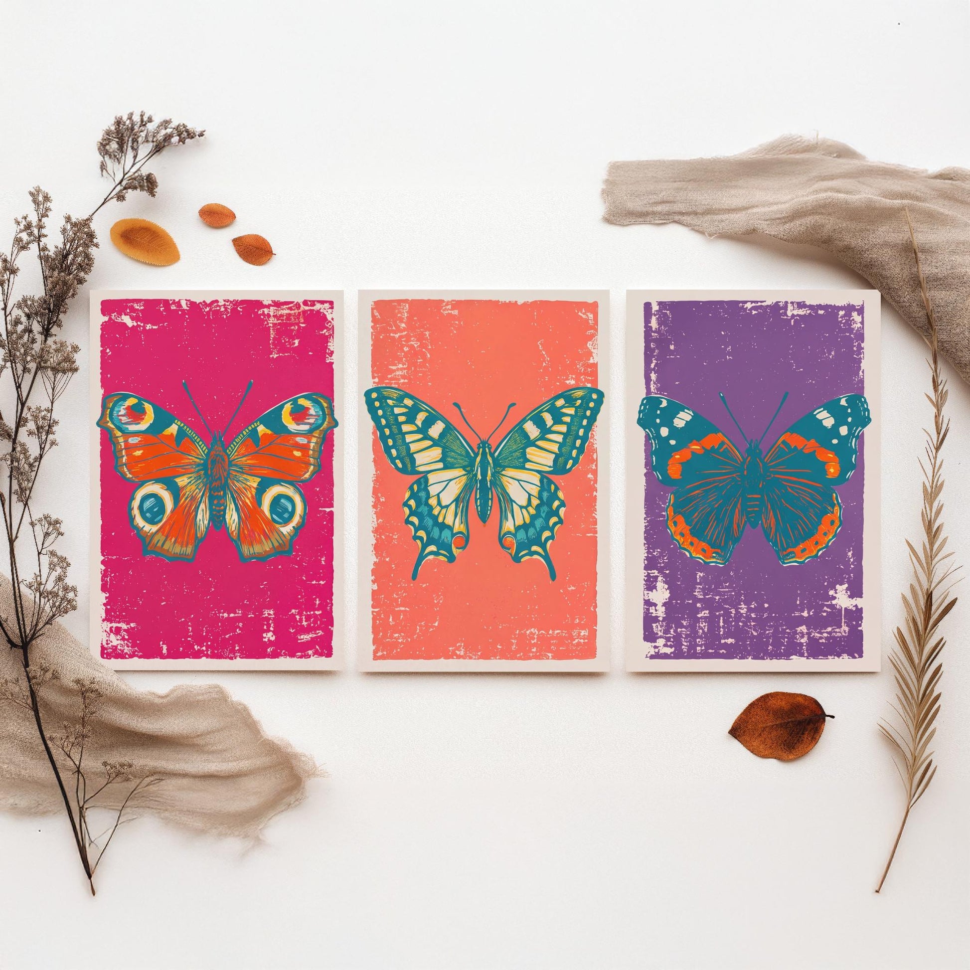 Peacock Butterfly, Swallowtail & Red Admiral Set of Three Art Prints - Linocut Illustrations - Butterfly Triptych Posters V1