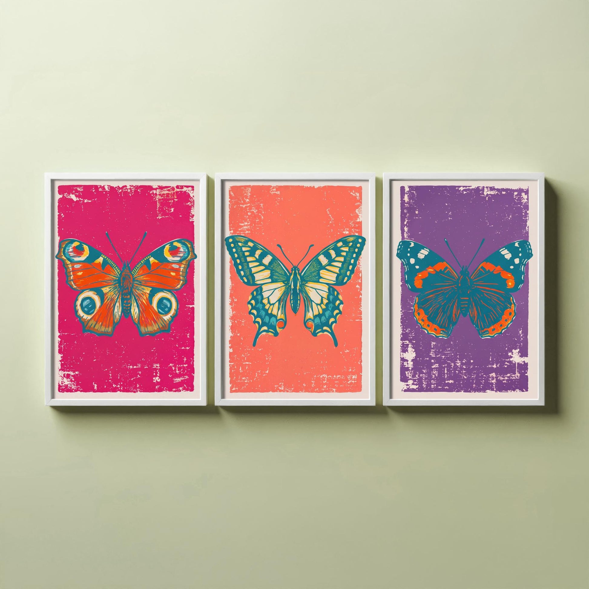 Peacock Butterfly, Swallowtail & Red Admiral Set of Three Art Prints - Linocut Illustrations - Butterfly Triptych Posters V1