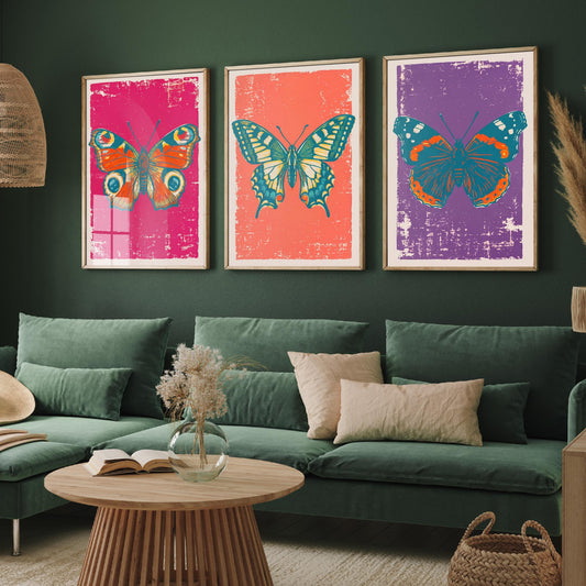 Peacock Butterfly, Swallowtail & Red Admiral Set of Three Art Prints - Linocut Illustrations - Butterfly Triptych Posters V1