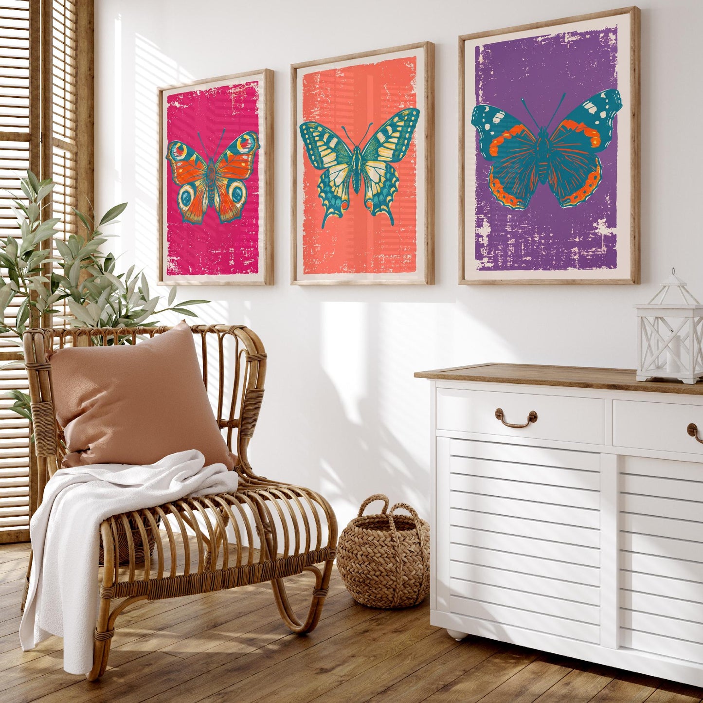 Peacock Butterfly, Swallowtail & Red Admiral Set of Three Art Prints - Linocut Illustrations - Butterfly Triptych Posters V1