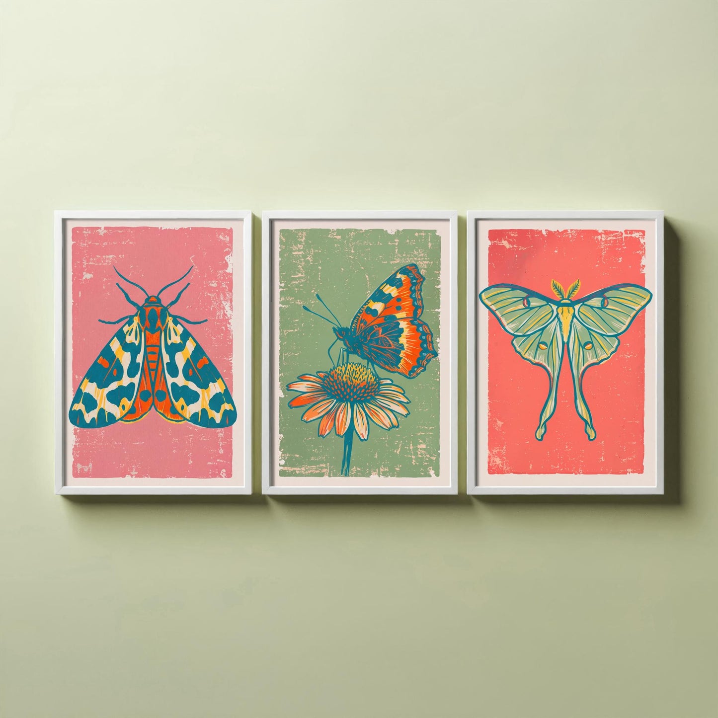 Tiger Moth, Tortoiseshell & Luna Moth Set of Three Art Prints - Linocut Moth and Butterfly Illustrations - Triptych Posters V2