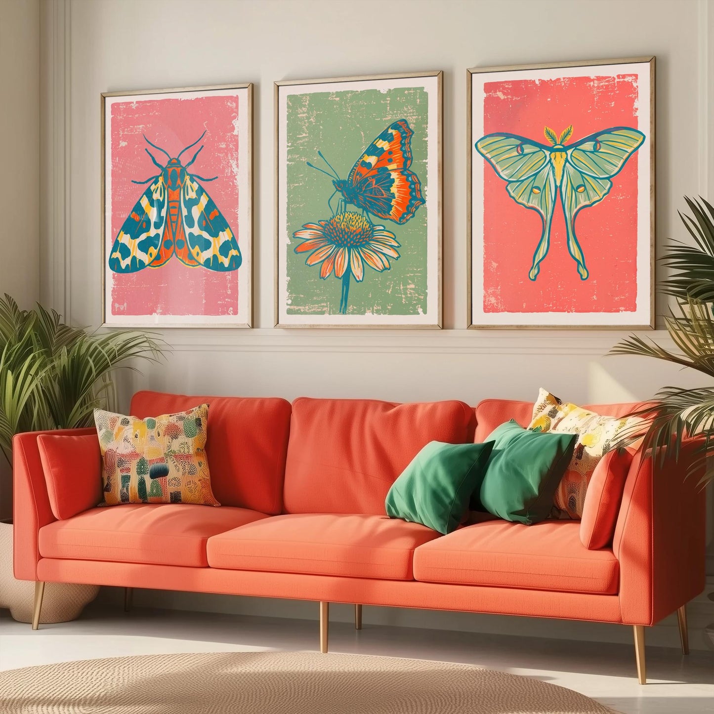 Tiger Moth, Tortoiseshell & Luna Moth Set of Three Art Prints - Linocut Moth and Butterfly Illustrations - Triptych Posters V2