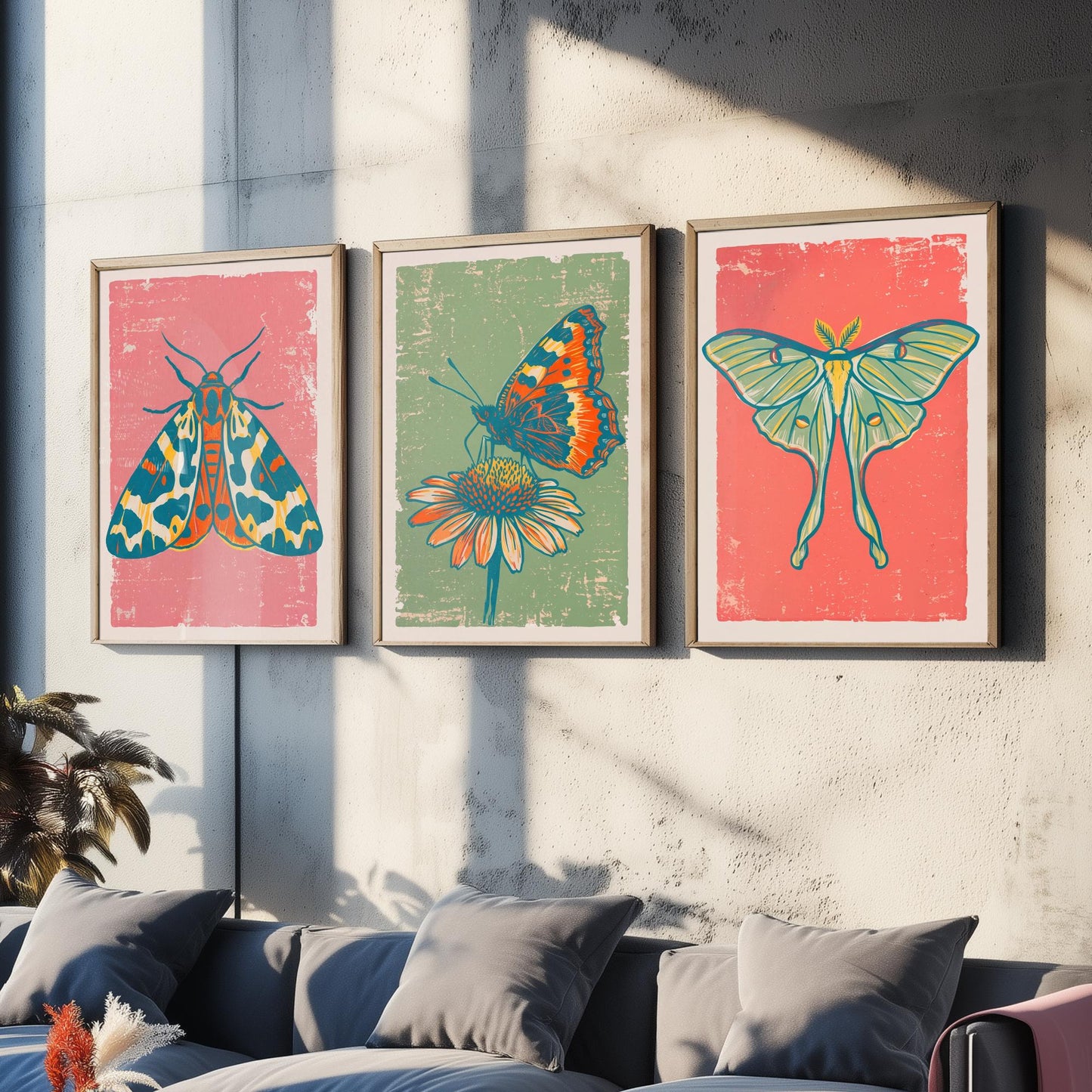 Tiger Moth, Tortoiseshell & Luna Moth Set of Three Art Prints - Linocut Moth and Butterfly Illustrations - Triptych Posters V2