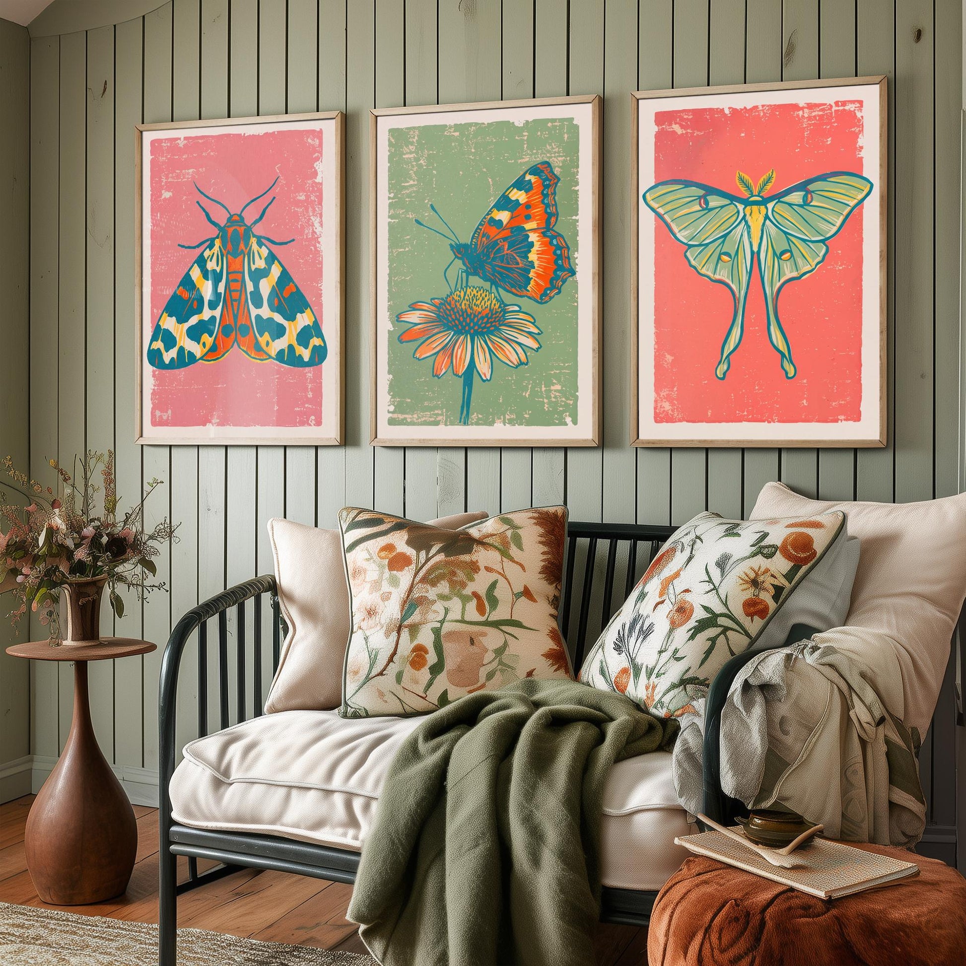 Tiger Moth, Tortoiseshell & Luna Moth Set of Three Art Prints - Linocut Moth and Butterfly Illustrations - Triptych Posters V2