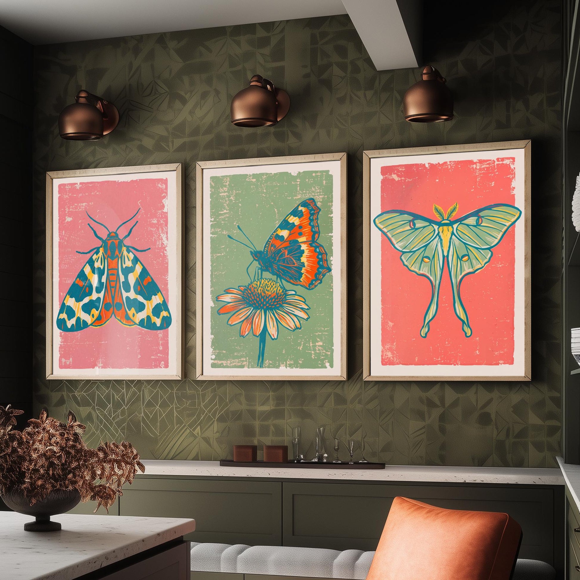 Tiger Moth, Tortoiseshell & Luna Moth Set of Three Art Prints - Linocut Moth and Butterfly Illustrations - Triptych Posters V2