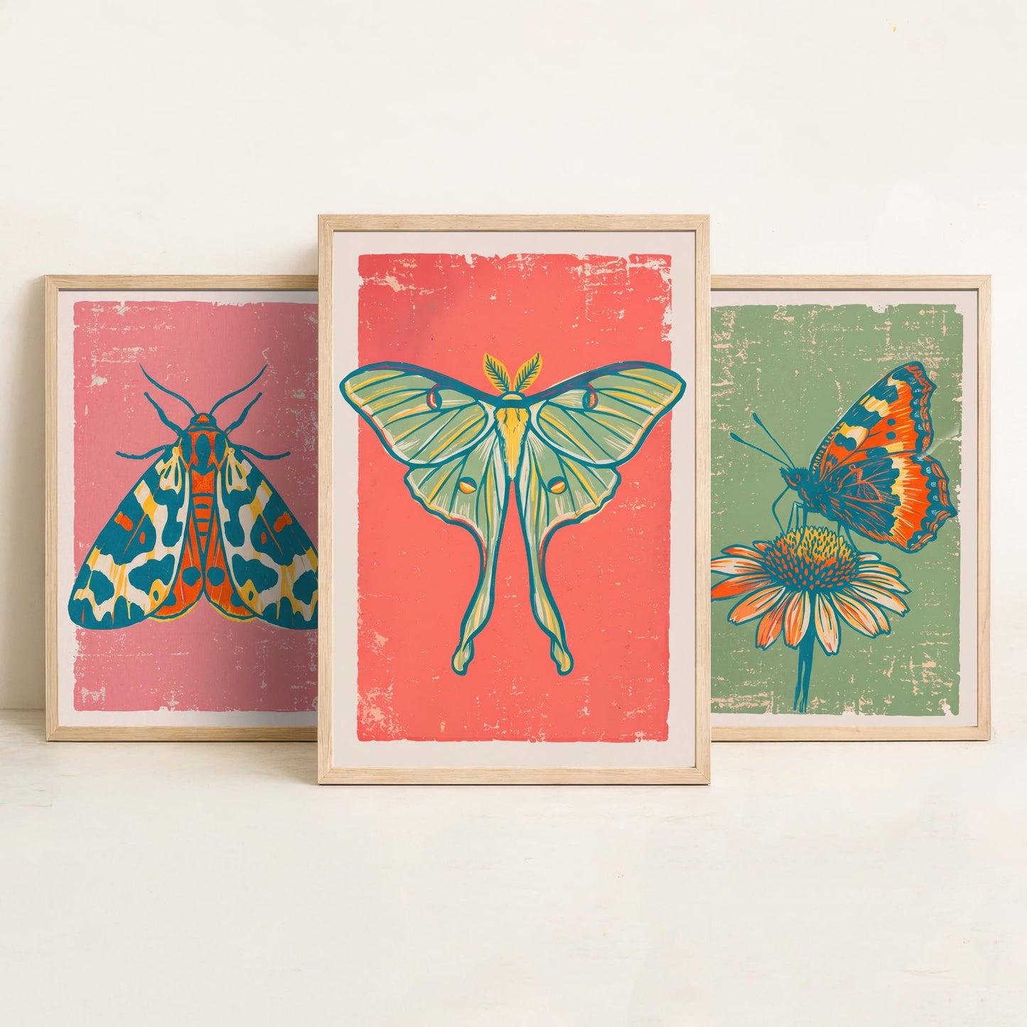 Tiger Moth, Tortoiseshell & Luna Moth Set of Three Art Prints - Linocut Moth and Butterfly Illustrations - Triptych Posters V2