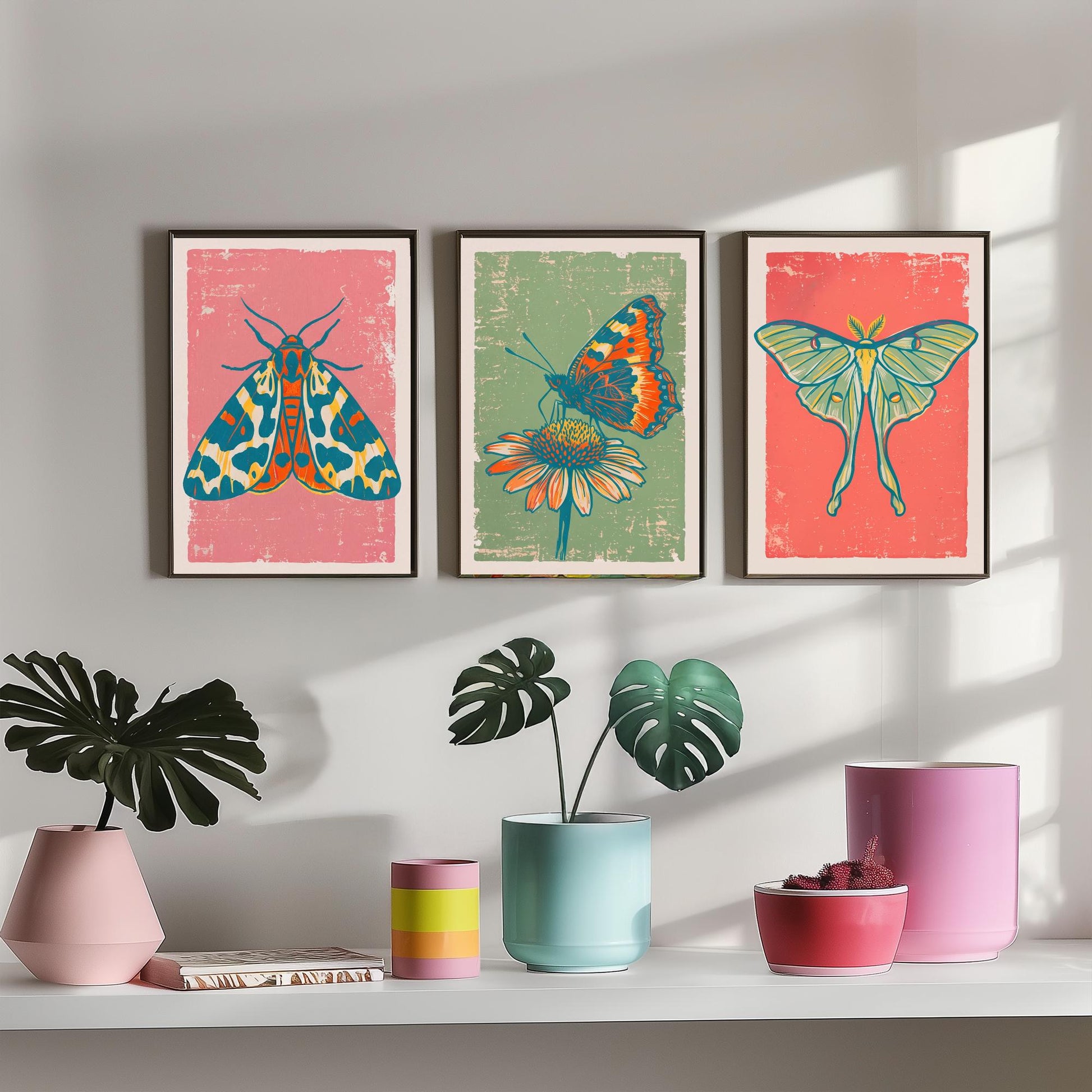 Tiger Moth, Tortoiseshell & Luna Moth Set of Three Art Prints - Linocut Moth and Butterfly Illustrations - Triptych Posters V2