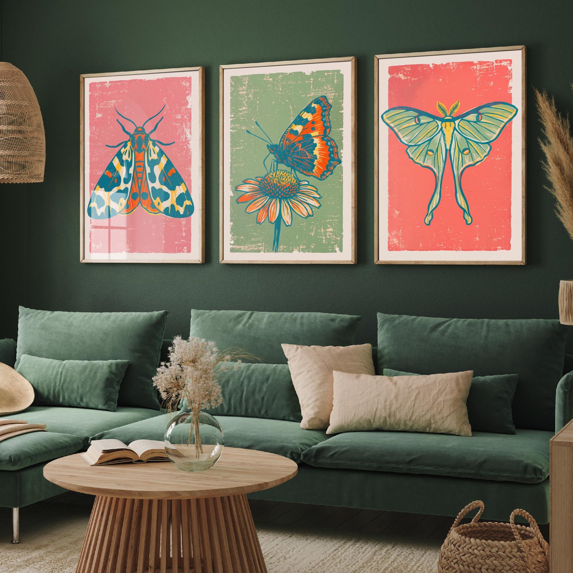 Tiger Moth, Tortoiseshell & Luna Moth Set of Three Art Prints - Linocut Moth and Butterfly Illustrations - Triptych Posters V2