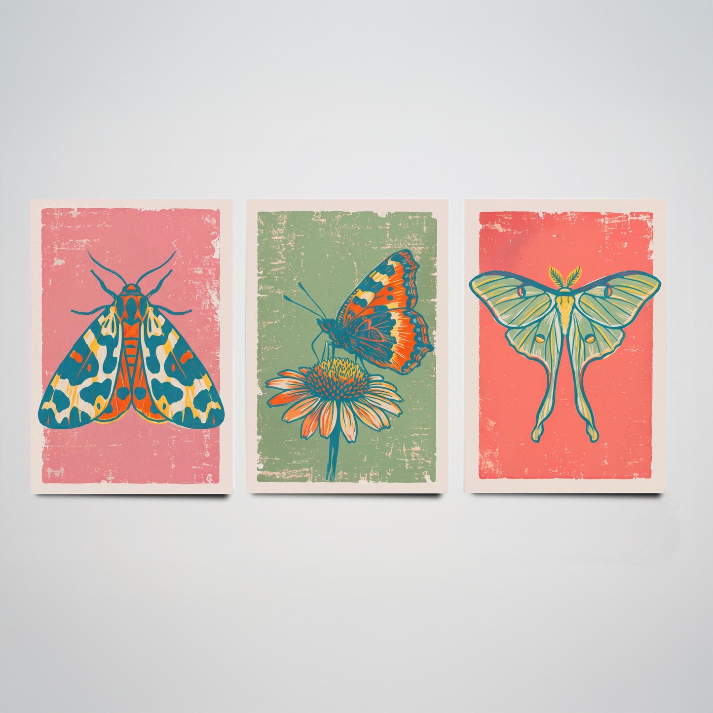 Tiger Moth, Tortoiseshell & Luna Moth Set of Three Art Prints - Linocut Moth and Butterfly Illustrations - Triptych Posters V2