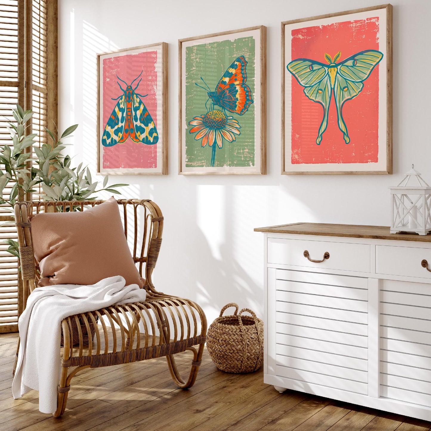 Tiger Moth, Tortoiseshell & Luna Moth Set of Three Art Prints - Linocut Moth and Butterfly Illustrations - Triptych Posters V2