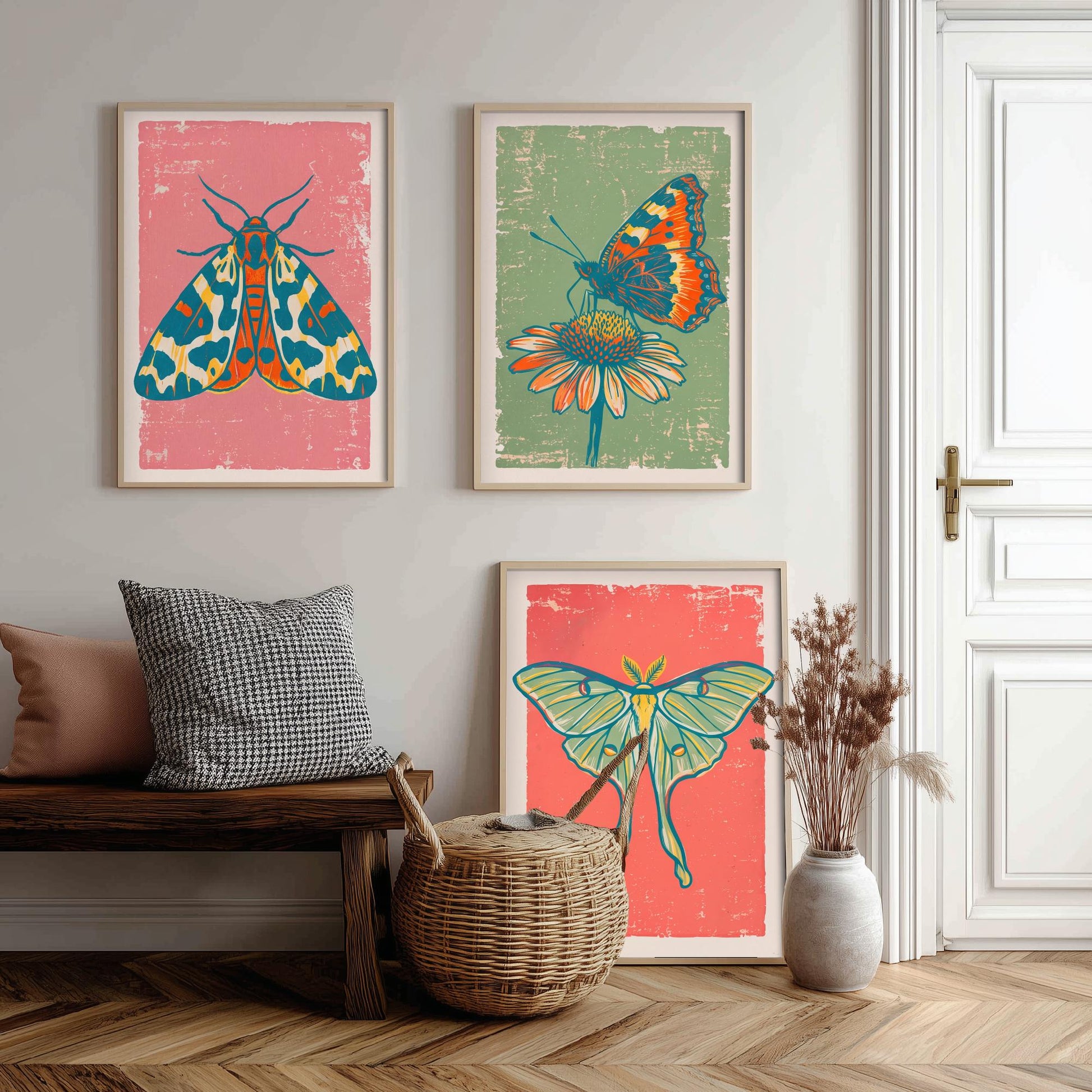 Tiger Moth, Tortoiseshell & Luna Moth Set of Three Art Prints - Linocut Moth and Butterfly Illustrations - Triptych Posters V2