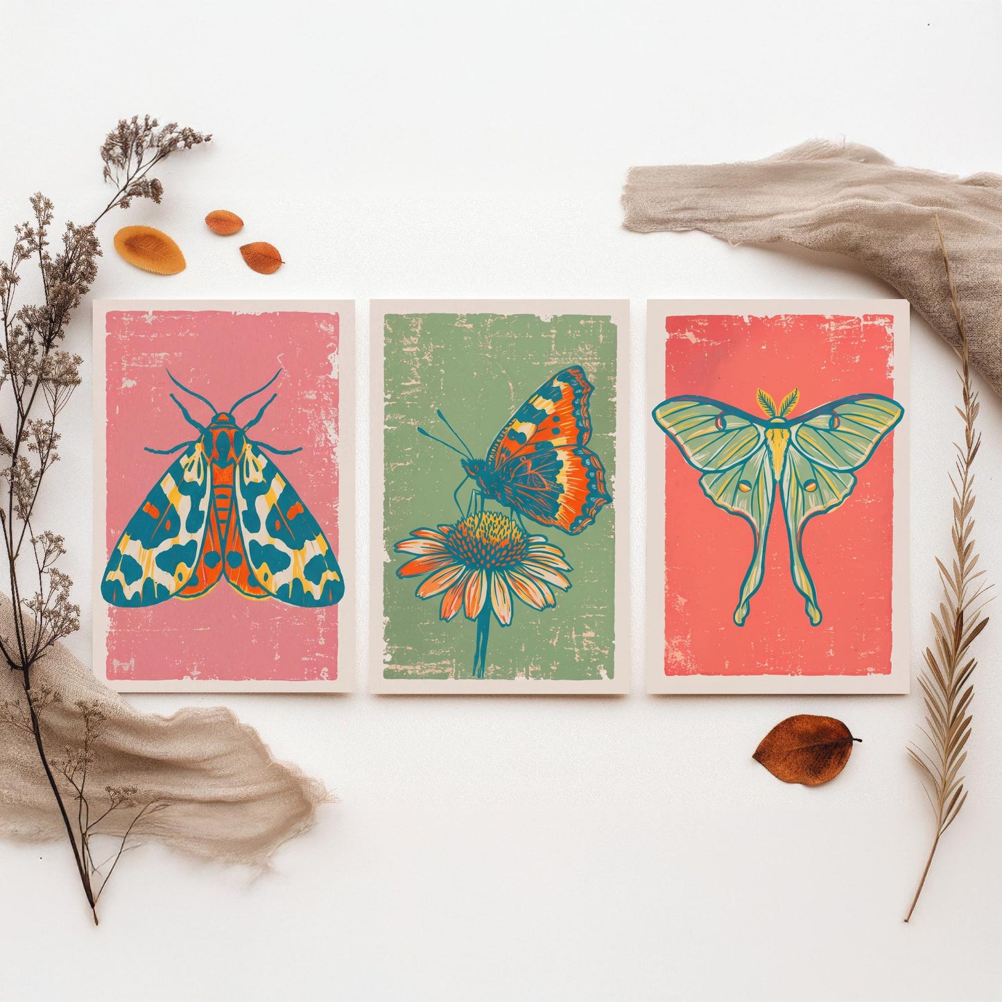 Tiger Moth, Tortoiseshell & Luna Moth Set of Three Art Prints - Linocut Moth and Butterfly Illustrations - Triptych Posters V2