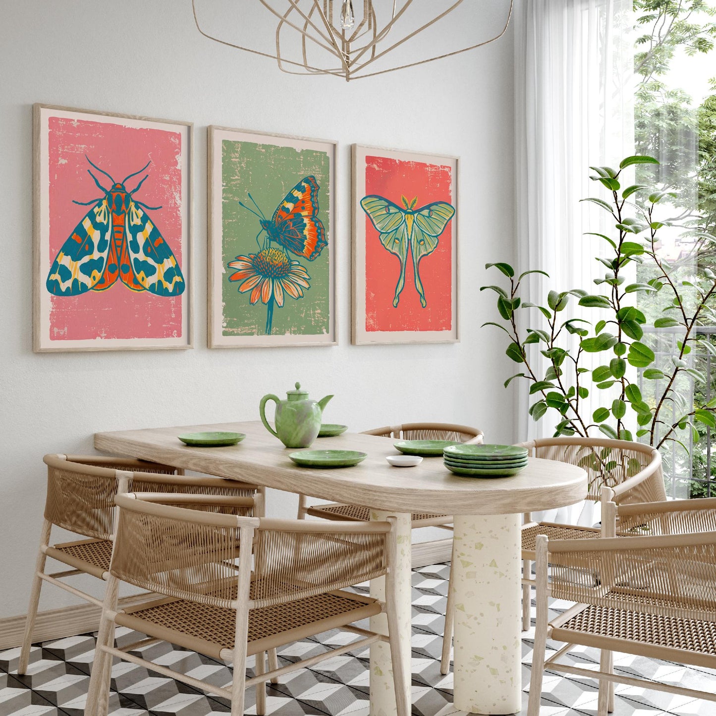 Tiger Moth, Tortoiseshell & Luna Moth Set of Three Art Prints - Linocut Moth and Butterfly Illustrations - Triptych Posters V2