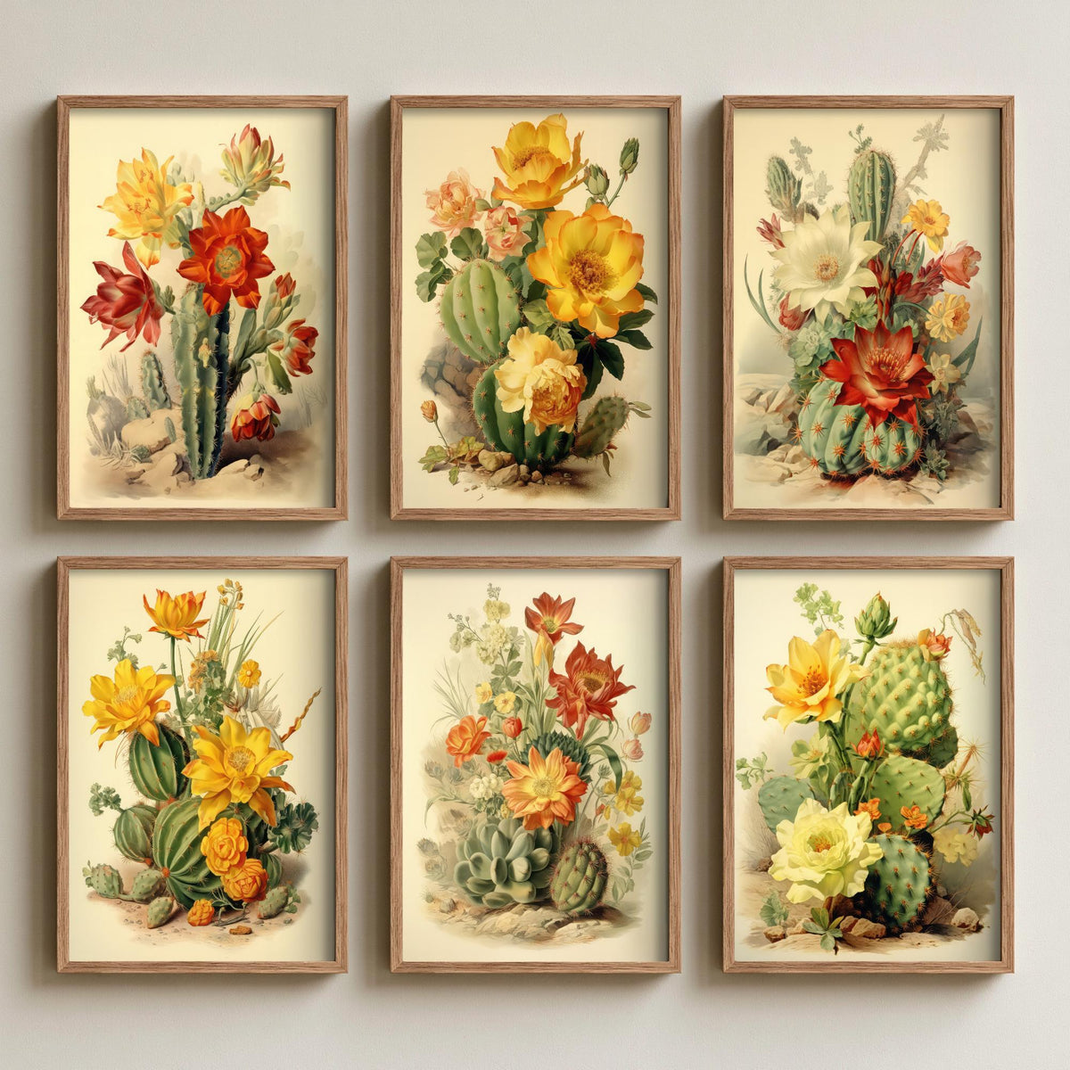 Set of Six Vintage Cactus Art Prints - 6 Flowering Cacti Botanical Posters - Prickly Pear, Barrel Cactus, Succulent Desert Illustration