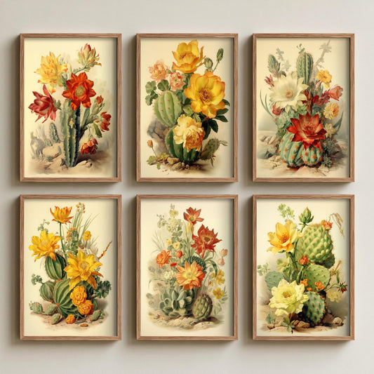 Set of Six Vintage Cactus Art Prints - 6 Flowering Cacti Botanical Posters - Prickly Pear, Barrel Cactus, Succulent Desert Illustration