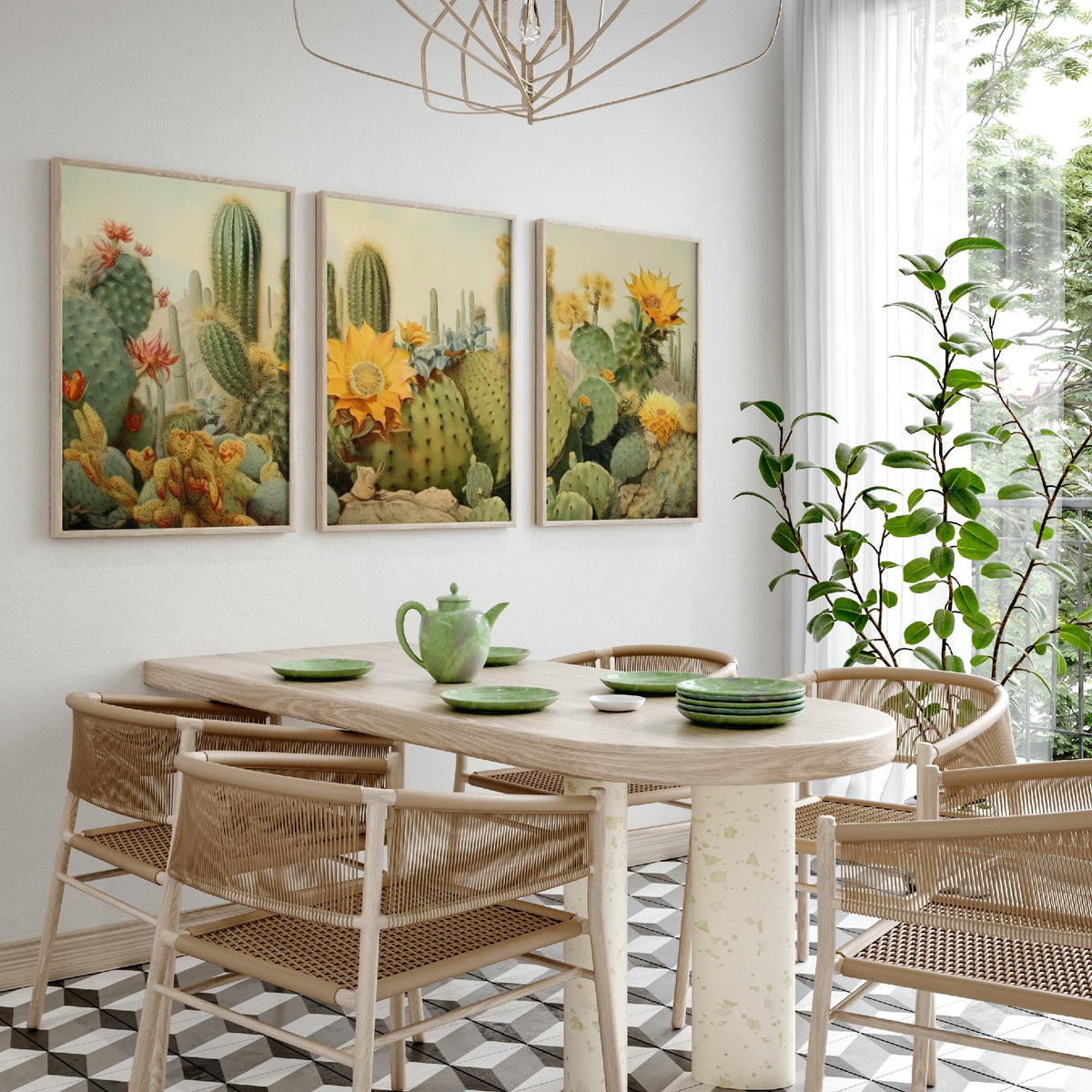 Desert Cactus Landscape Set of Three Art Prints, Southwestern Botanical Poster Watercolour
