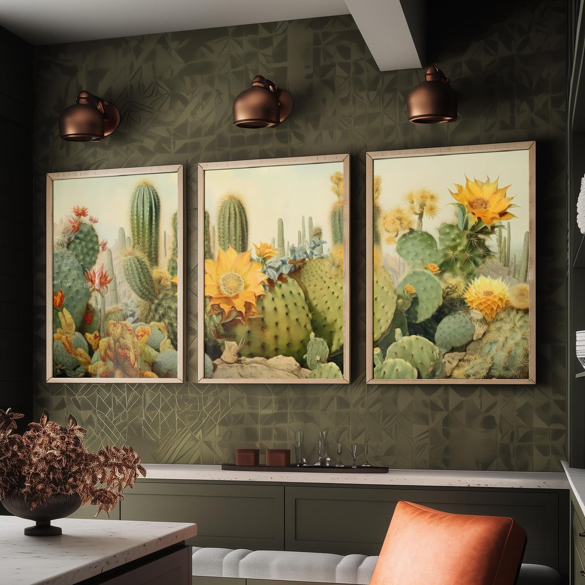 Desert Cactus Landscape Set of Three Art Prints, Southwestern Botanical Poster Watercolour