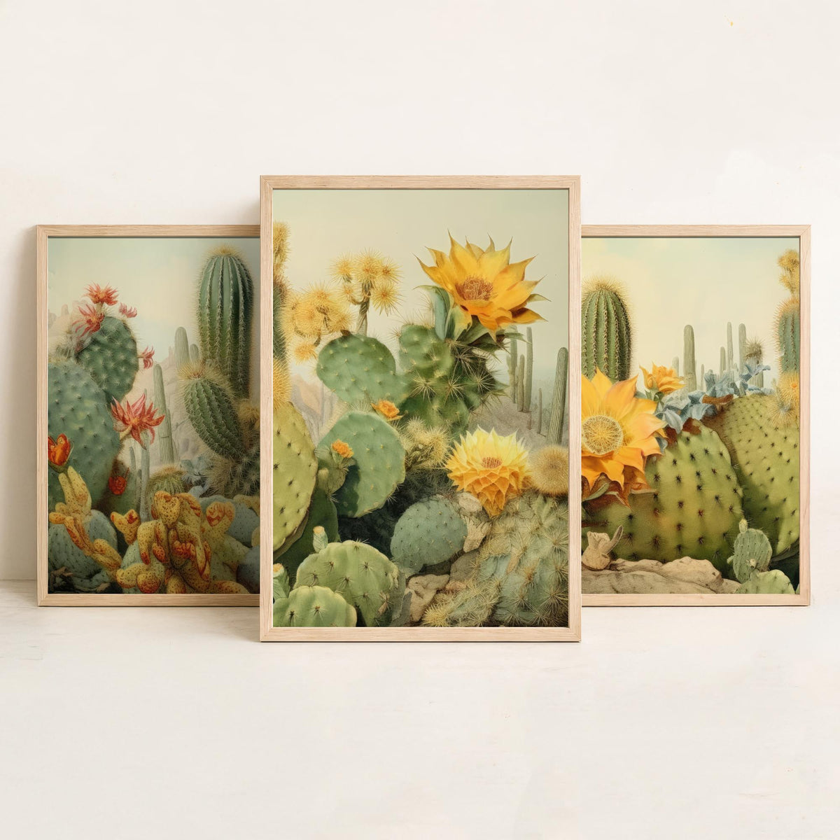Desert Cactus Landscape Set of Three Art Prints, Southwestern Botanical Poster Watercolour