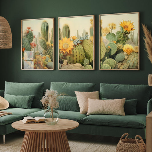 Desert Cactus Landscape Set of Three Art Prints, Southwestern Botanical Poster Watercolour