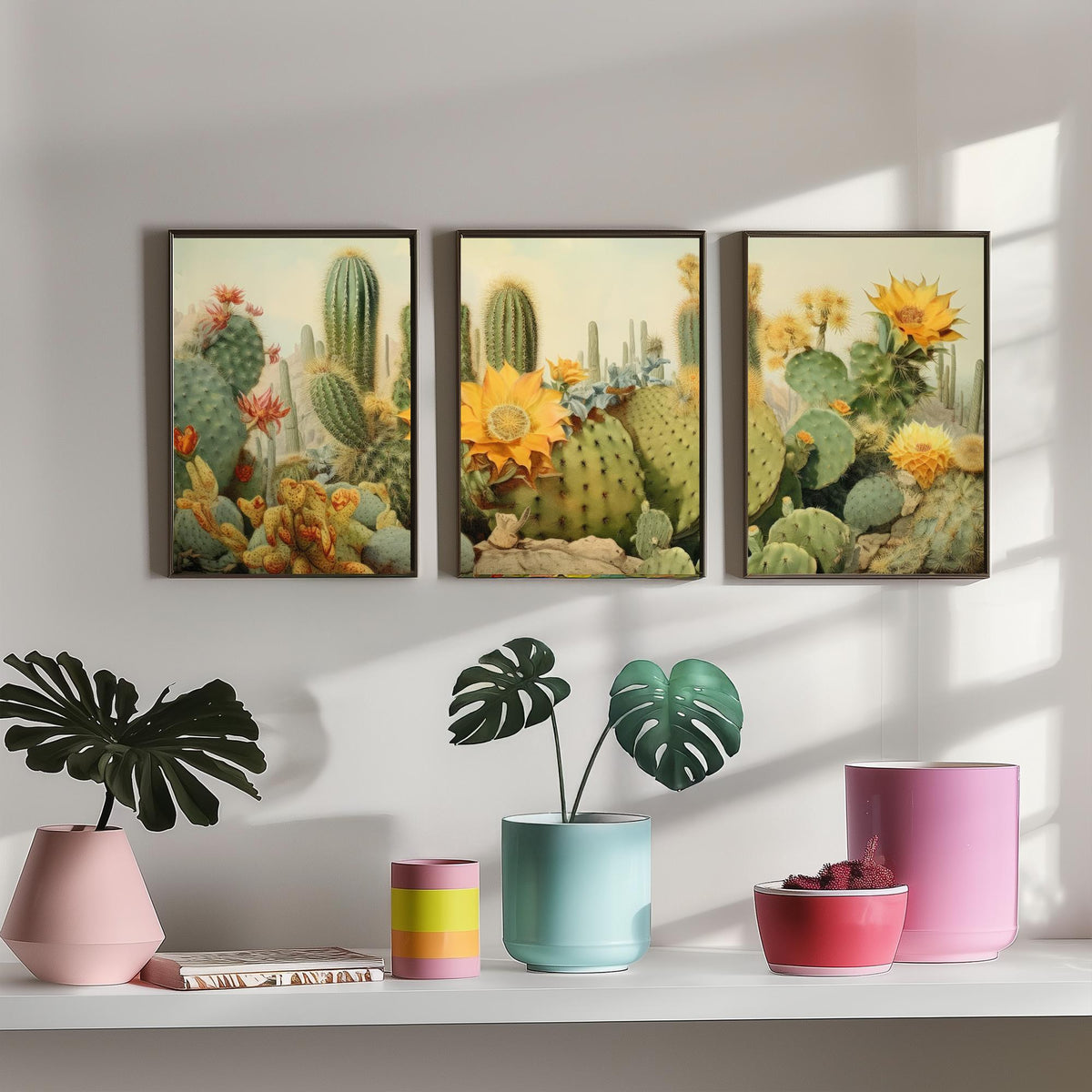Desert Cactus Landscape Set of Three Art Prints, Southwestern Botanical Poster Watercolour