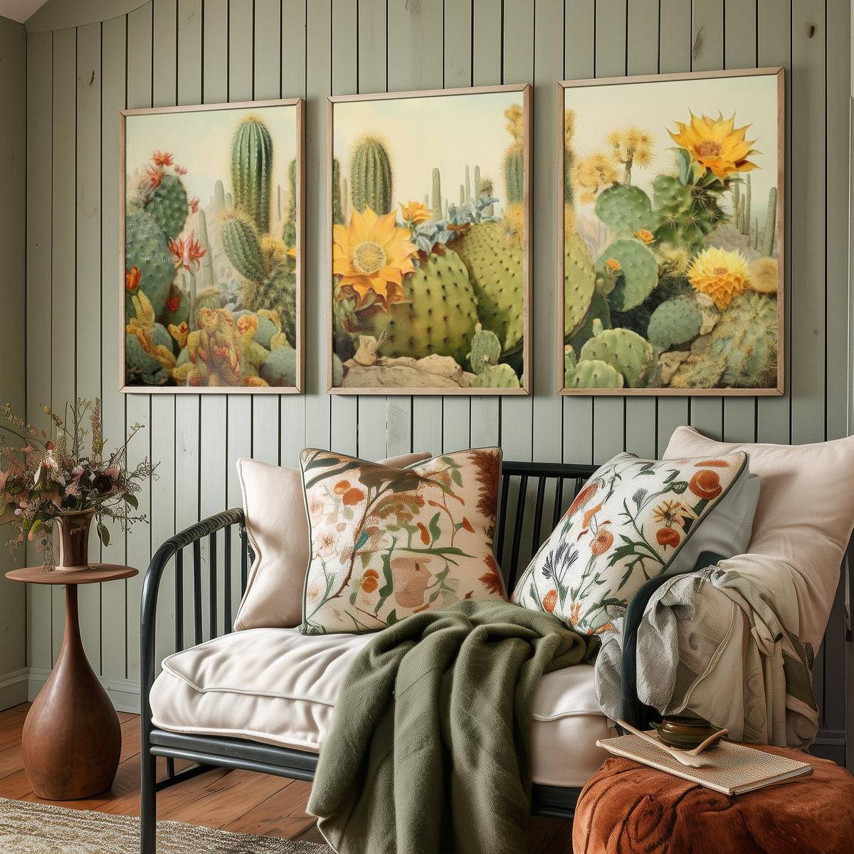 Desert Cactus Landscape Set of Three Art Prints, Southwestern Botanical Poster Watercolour