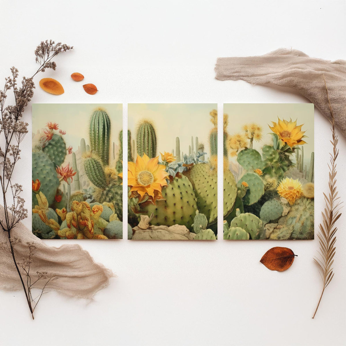 Desert Cactus Landscape Set of Three Art Prints, Southwestern Botanical Poster Watercolour