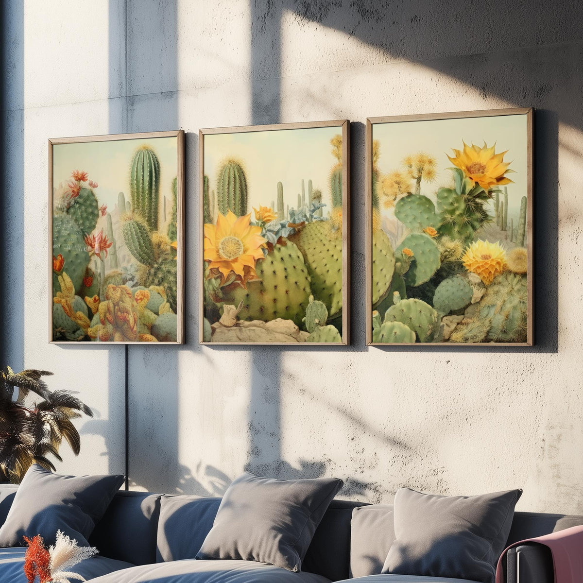 Desert Cactus Landscape Set of Three Art Prints, Southwestern Botanical Poster Watercolour