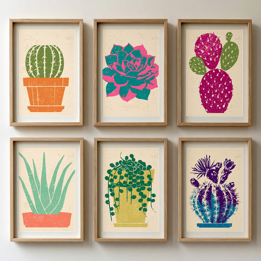 Set of Six Bright Cactus Linocut Art Prints - 6 Succulent Illustrations - Barrel Cactus, Echeveria, Prickly Pear, Aloe - Poster