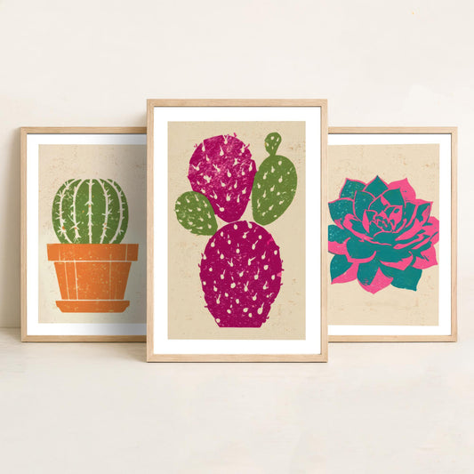 Bright Potted Cactus and Succulents Set of Three Art Prints - Barrel Cactus, Echeveria, Prickly Pear - Linocut Style Woodcut Poster V1