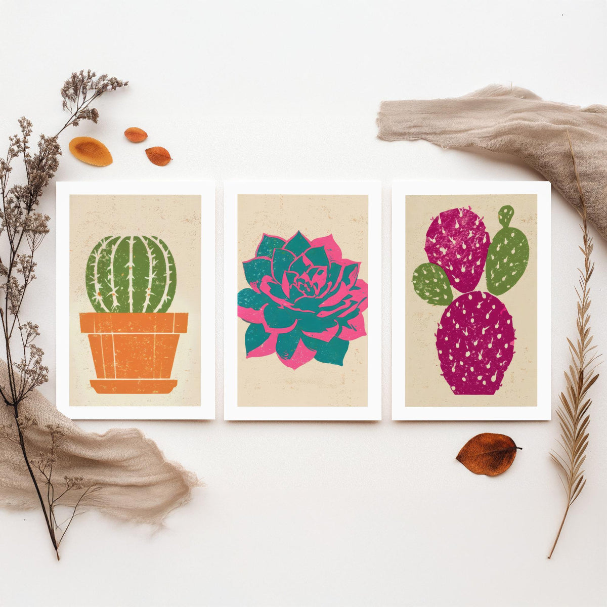 Bright Potted Cactus and Succulents Set of Three Art Prints - Barrel Cactus, Echeveria, Prickly Pear - Linocut Style Woodcut Poster V1