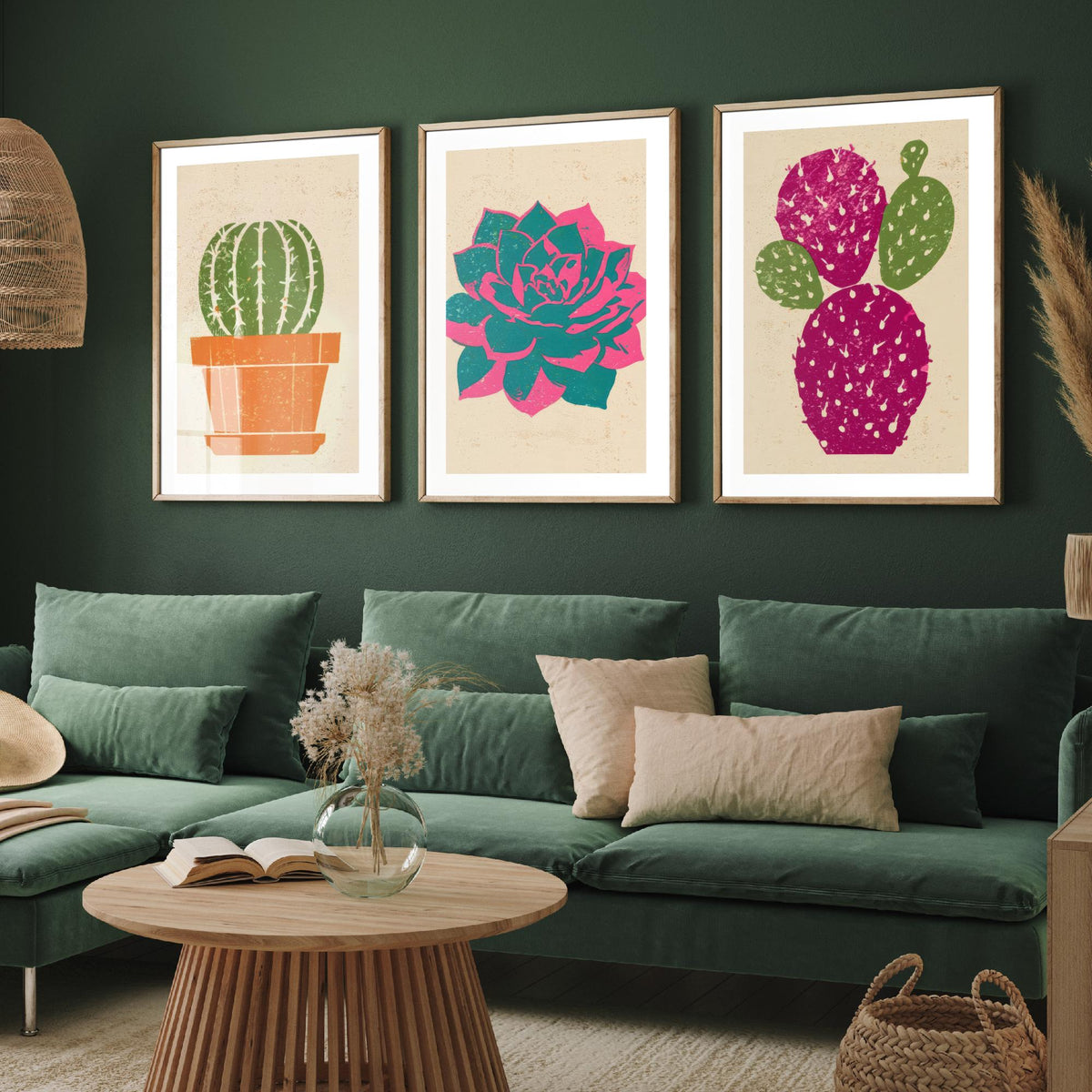 Bright Potted Cactus and Succulents Set of Three Art Prints - Barrel Cactus, Echeveria, Prickly Pear - Linocut Style Woodcut Poster V1